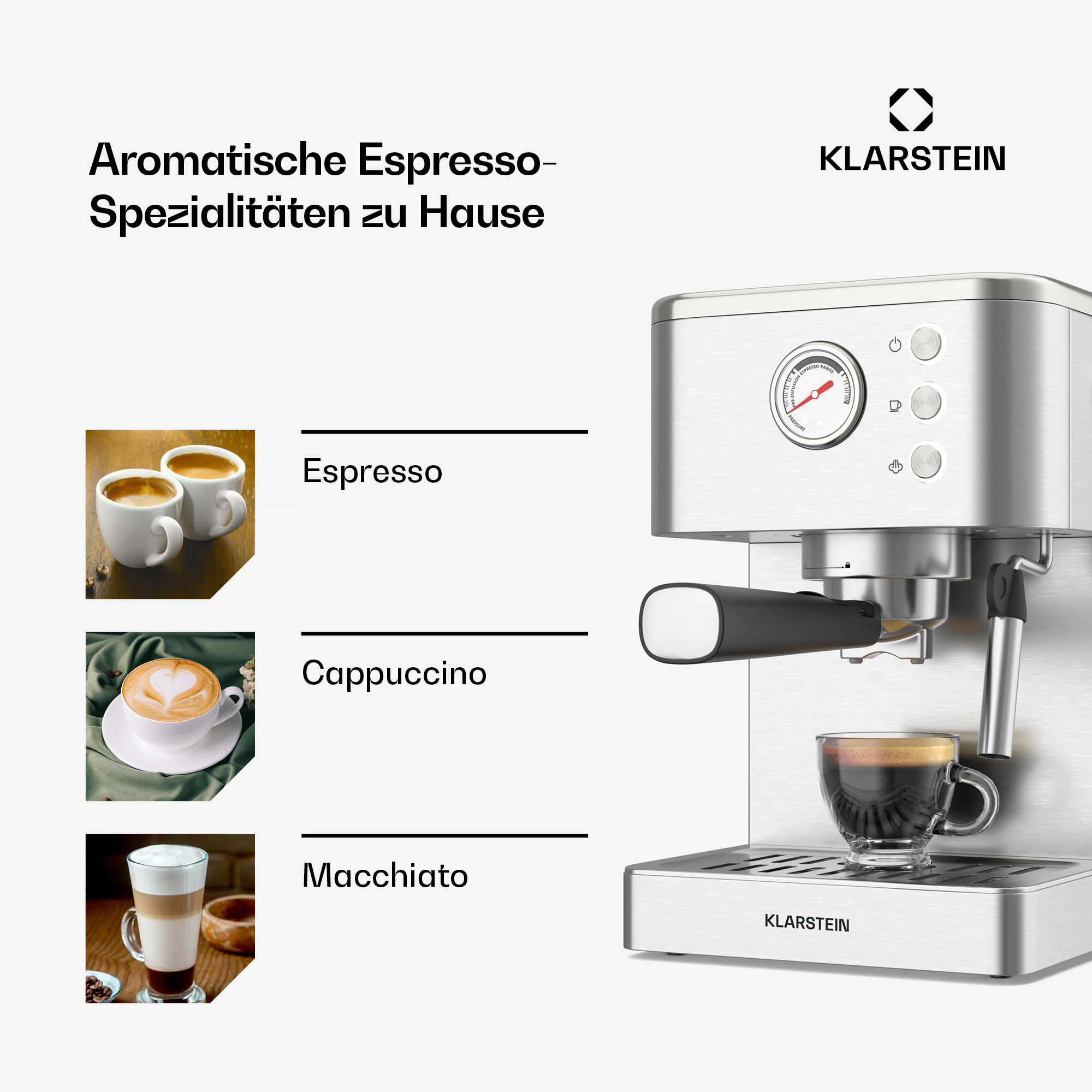 Una máquina de espresso con muestras de café: espresso, capuchino y macchiato. La máquina es plateada y tiene un manómetro.