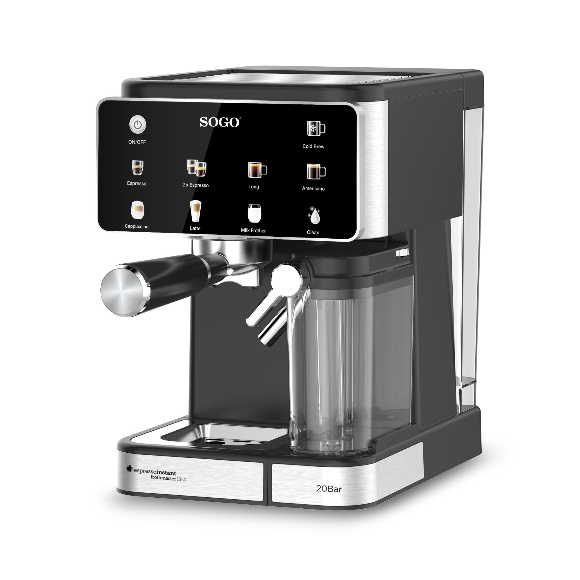 Una máquina de espresso SOGO negra y plateada. Tiene una pantalla digital y varios botones para diferentes opciones de café.