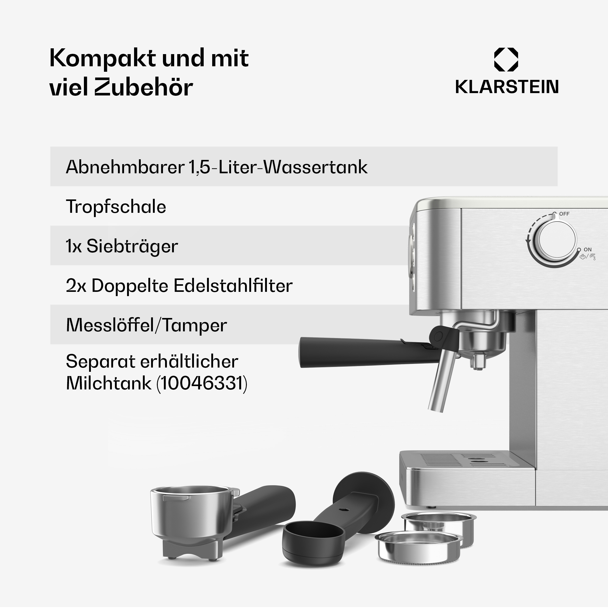 Cafetera espresso plateada con accesorios: portafiltro, filtros y pisón. Incluye un depósito de agua y un dial de control.