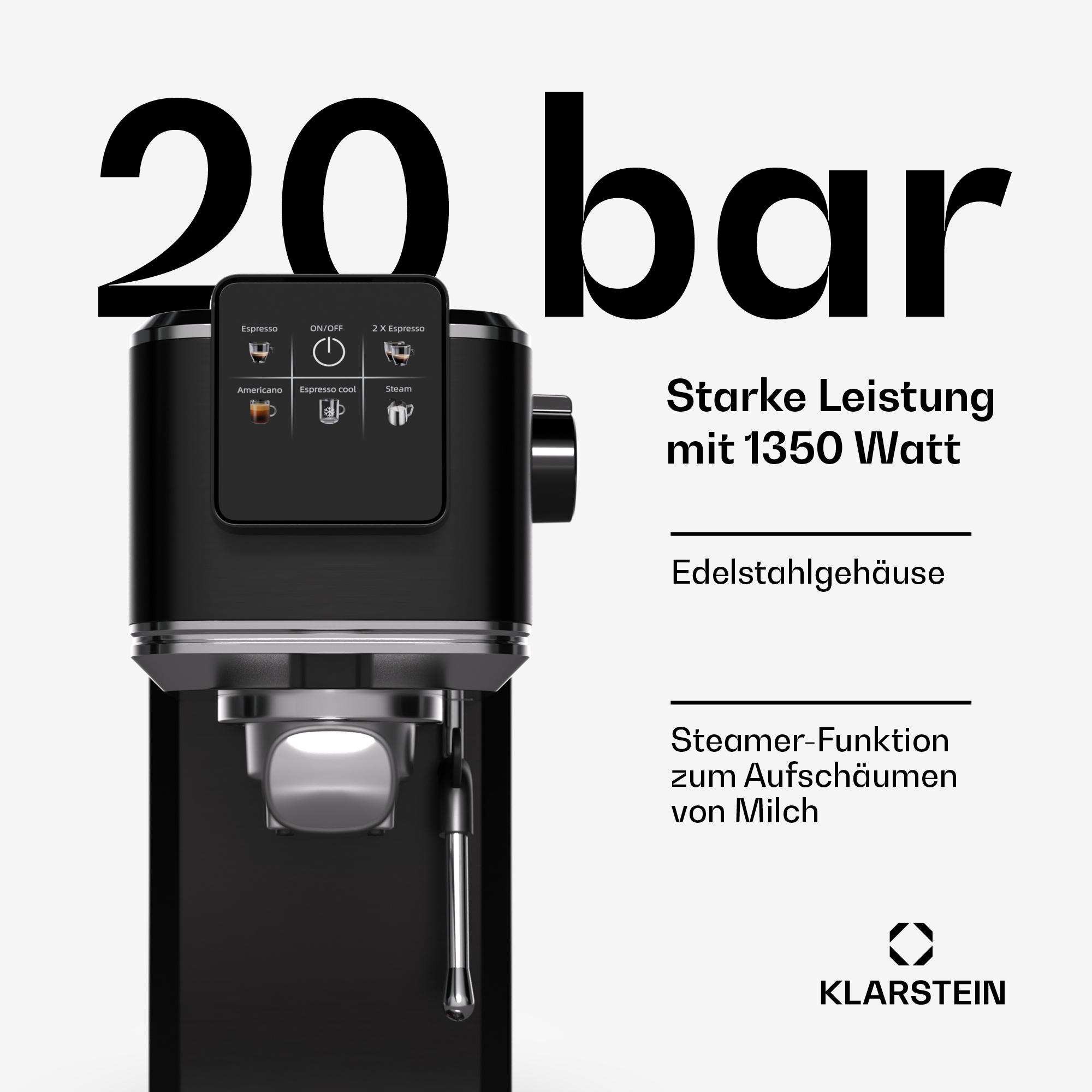 Máquina de espresso negra con botones, vaporizador y texto que dice '20 bar', 'Starke Leistung' y 'KLARSTEIN'.