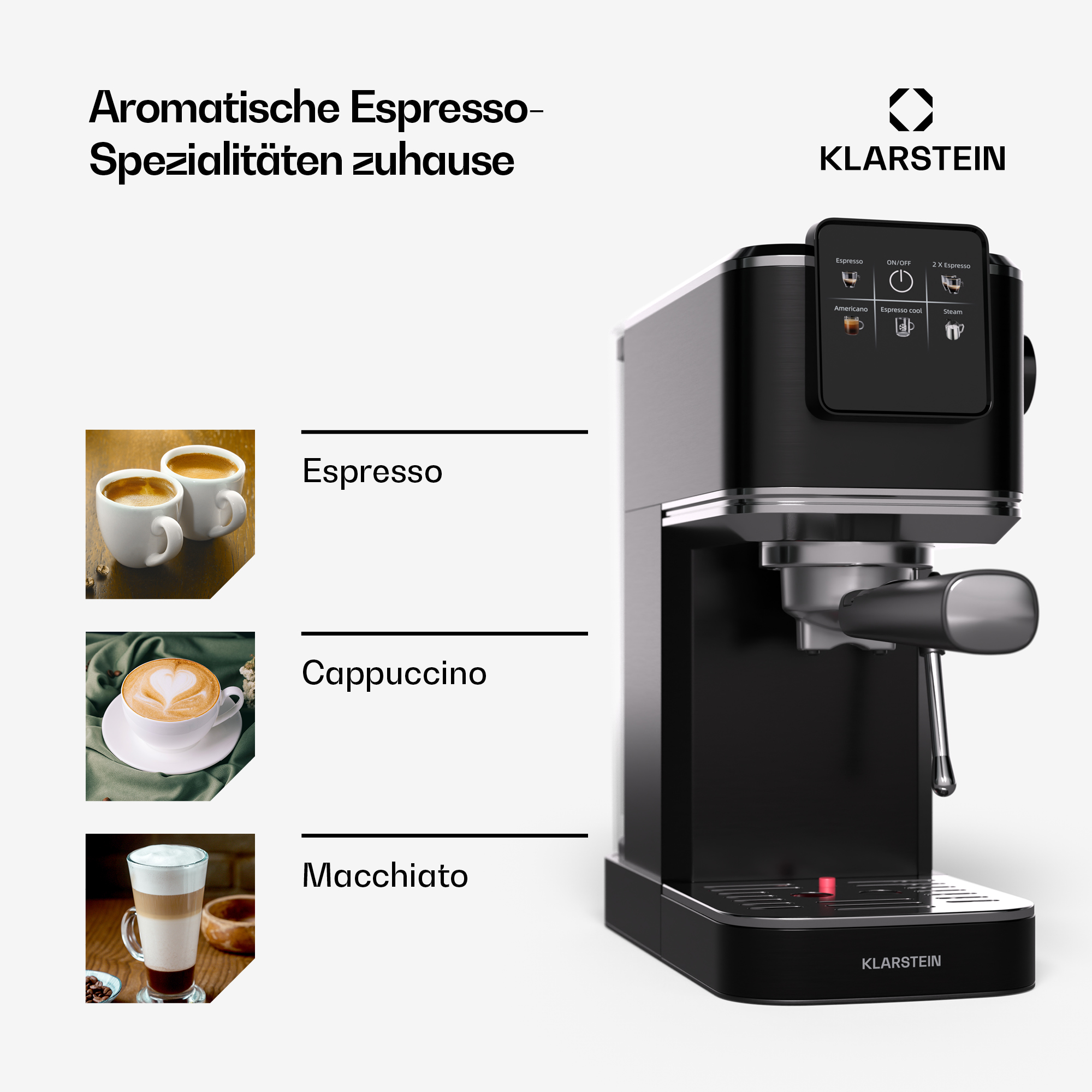Máquina de espresso negra con opciones de café. Incluye imágenes de espresso, capuchino y macchiato.