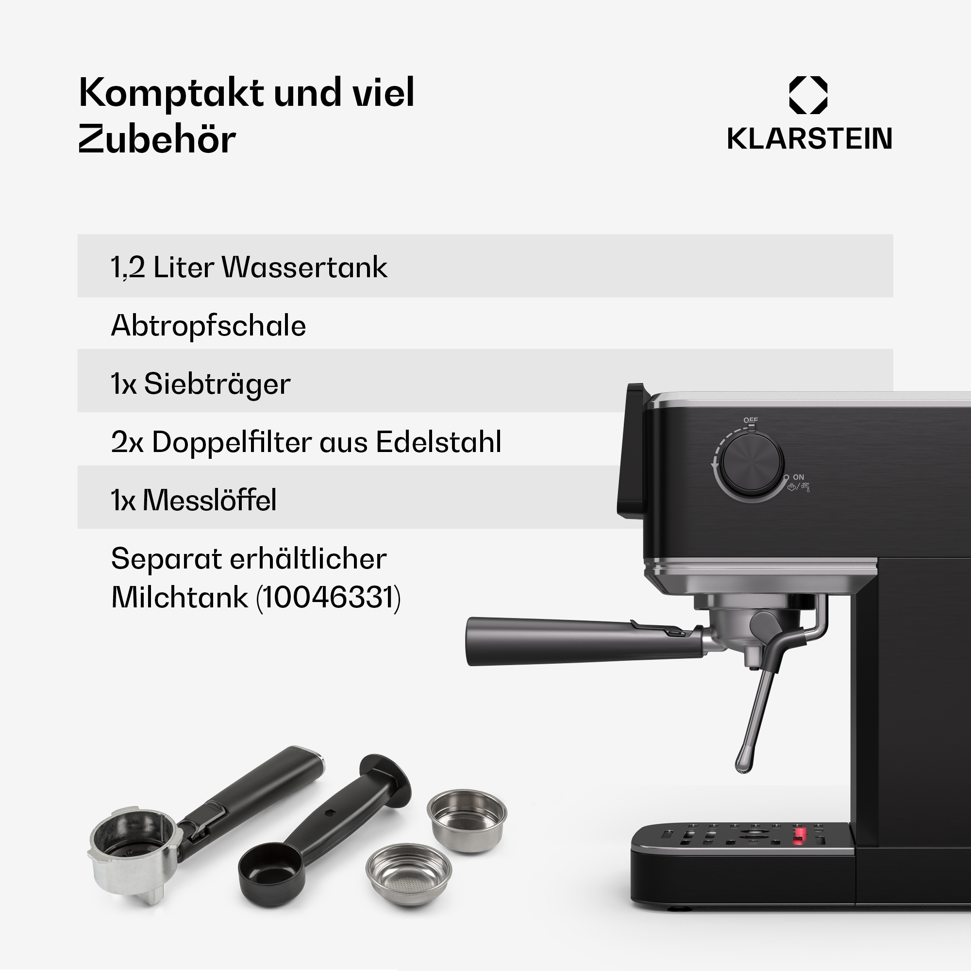 Máquina de espresso negra con accesorios. Incluye portafiltro, cestas de filtro y cuchara medidora. La máquina tiene un depósito de agua.