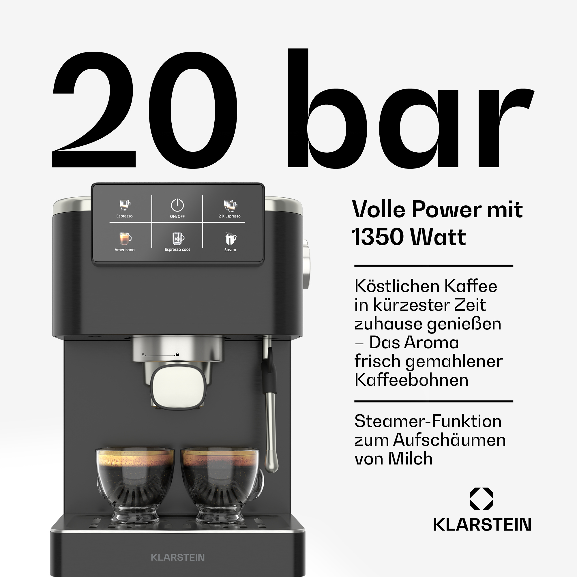 Una máquina de espresso negra con dos tazas de café. Texto: 20 bar, Volle Power. Marca: Klarstein.