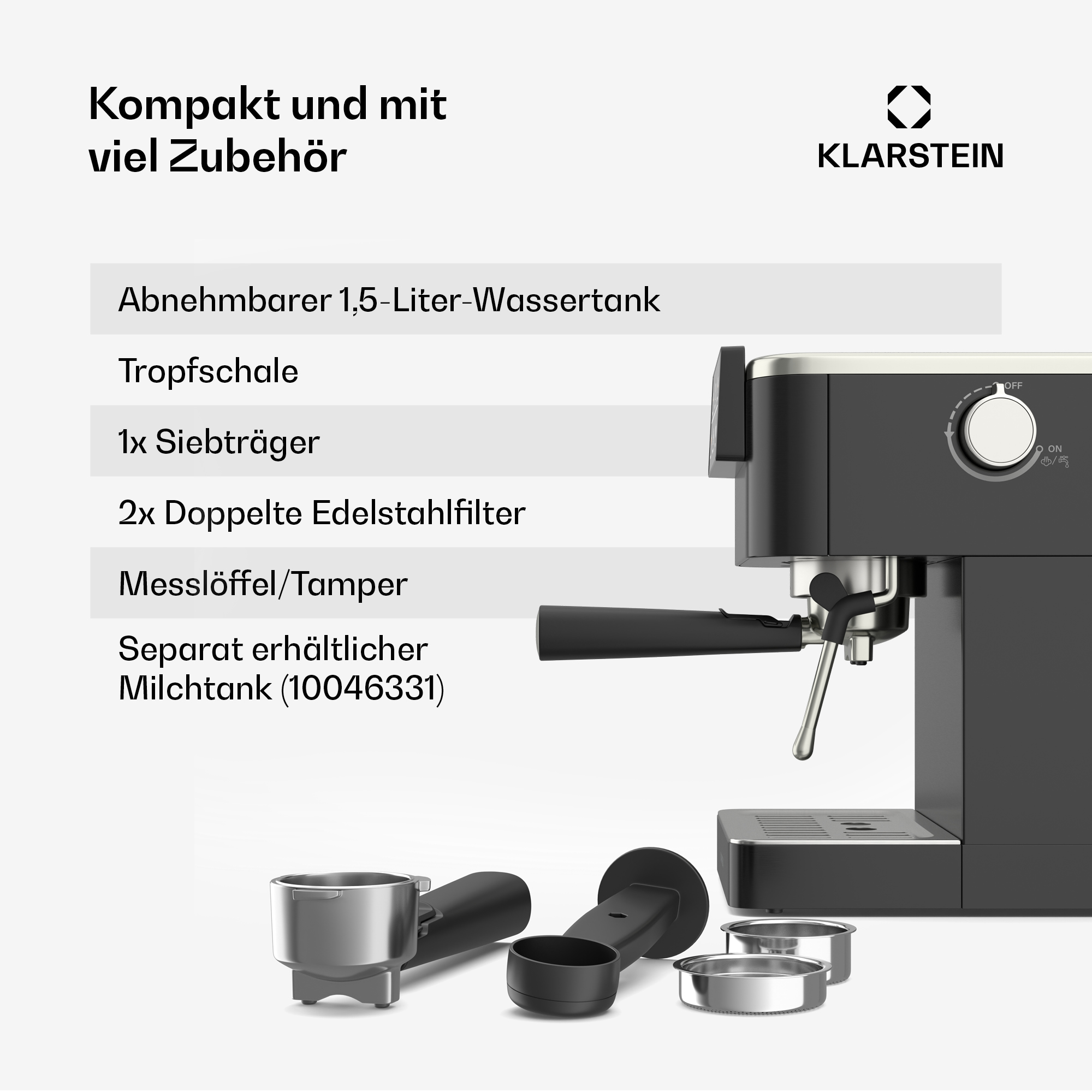 Máquina de espresso con accesorios. Incluye portafiltro, filtros y cuchara medidora. Combinación de colores negro y plata.