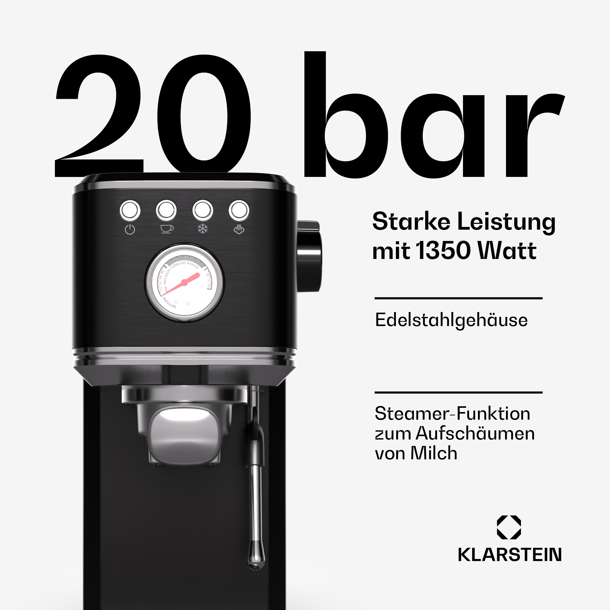 Máquina de espresso negra con detalles plateados y un manómetro. El texto dice 20 bar y tiene funciones como espumar leche.