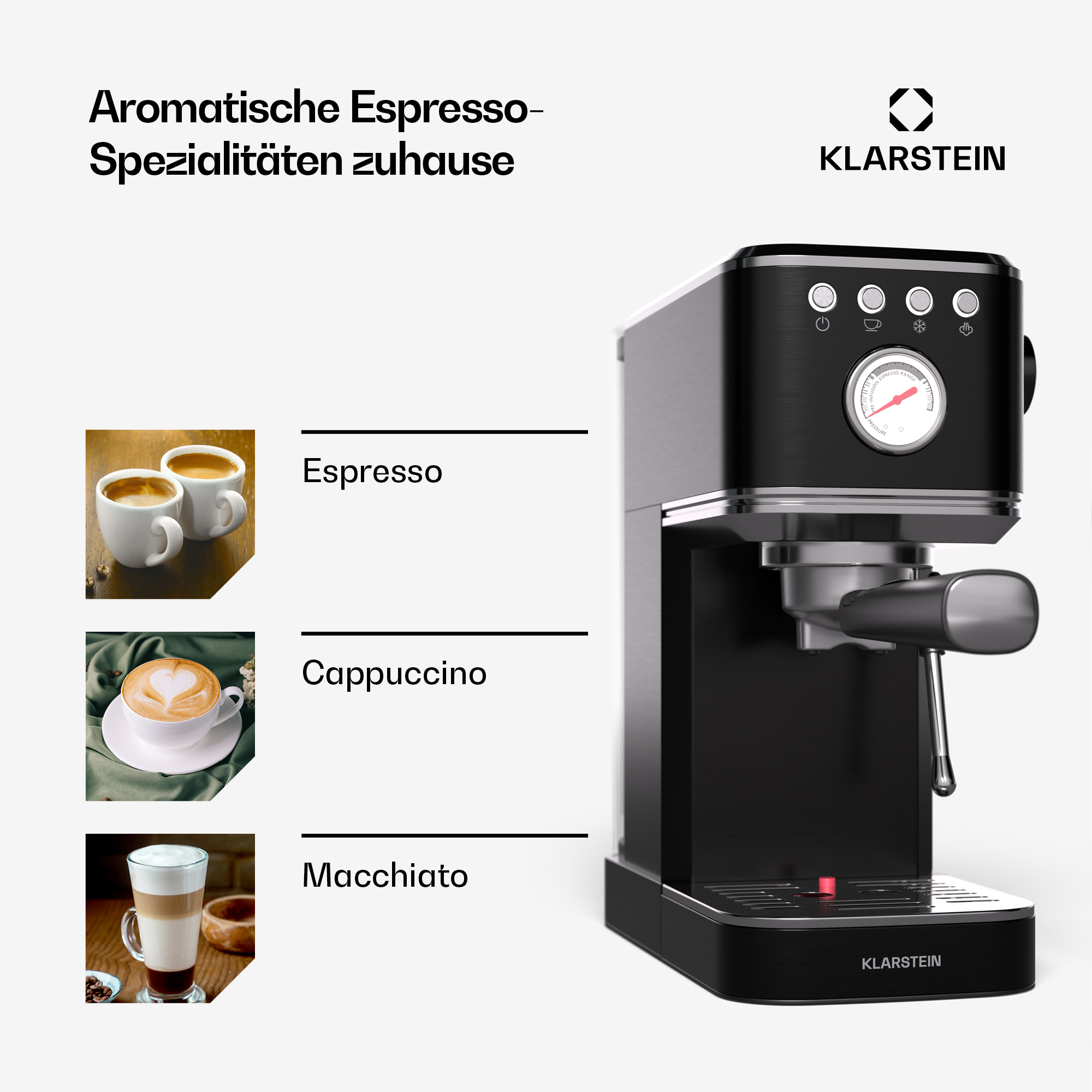 Máquina de espresso negra con un medidor y tres fotos de bebidas de café: espresso, capuchino y macchiato.