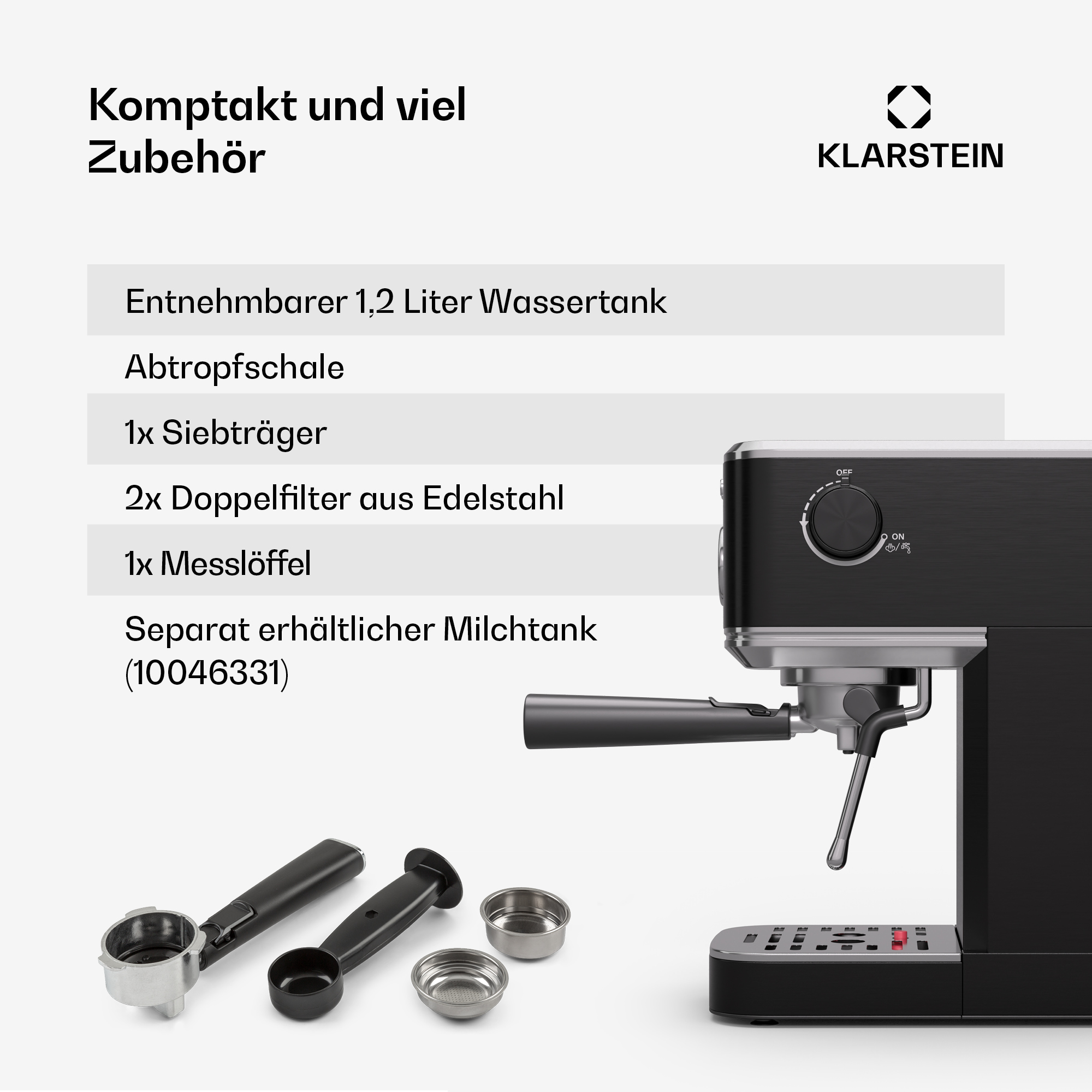 Máquina de espresso negra con accesorios, incluyendo filtros y una cuchara, y un depósito de agua extraíble.