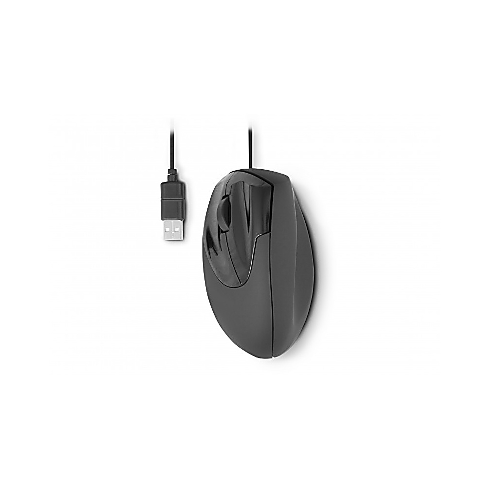Mouse ergonomico nero con cavo USB. Il mouse è su sfondo bianco.