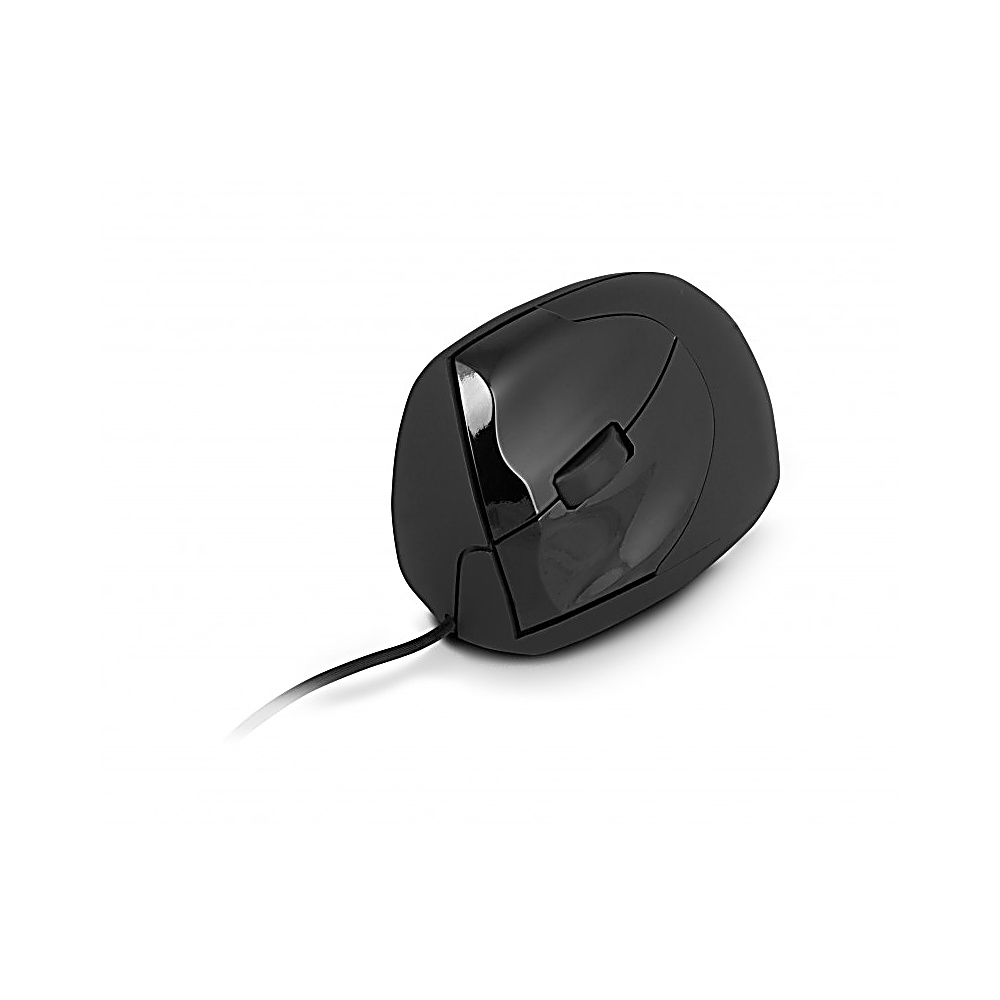 Un mouse ergonomico nero su una superficie bianca. Il mouse ha un design curvo e un pulsante.