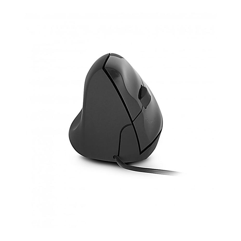 Un mouse ergonomico nero, con un design curvo, è appoggiato su uno sfondo bianco. Il mouse ha un cavo collegato.
