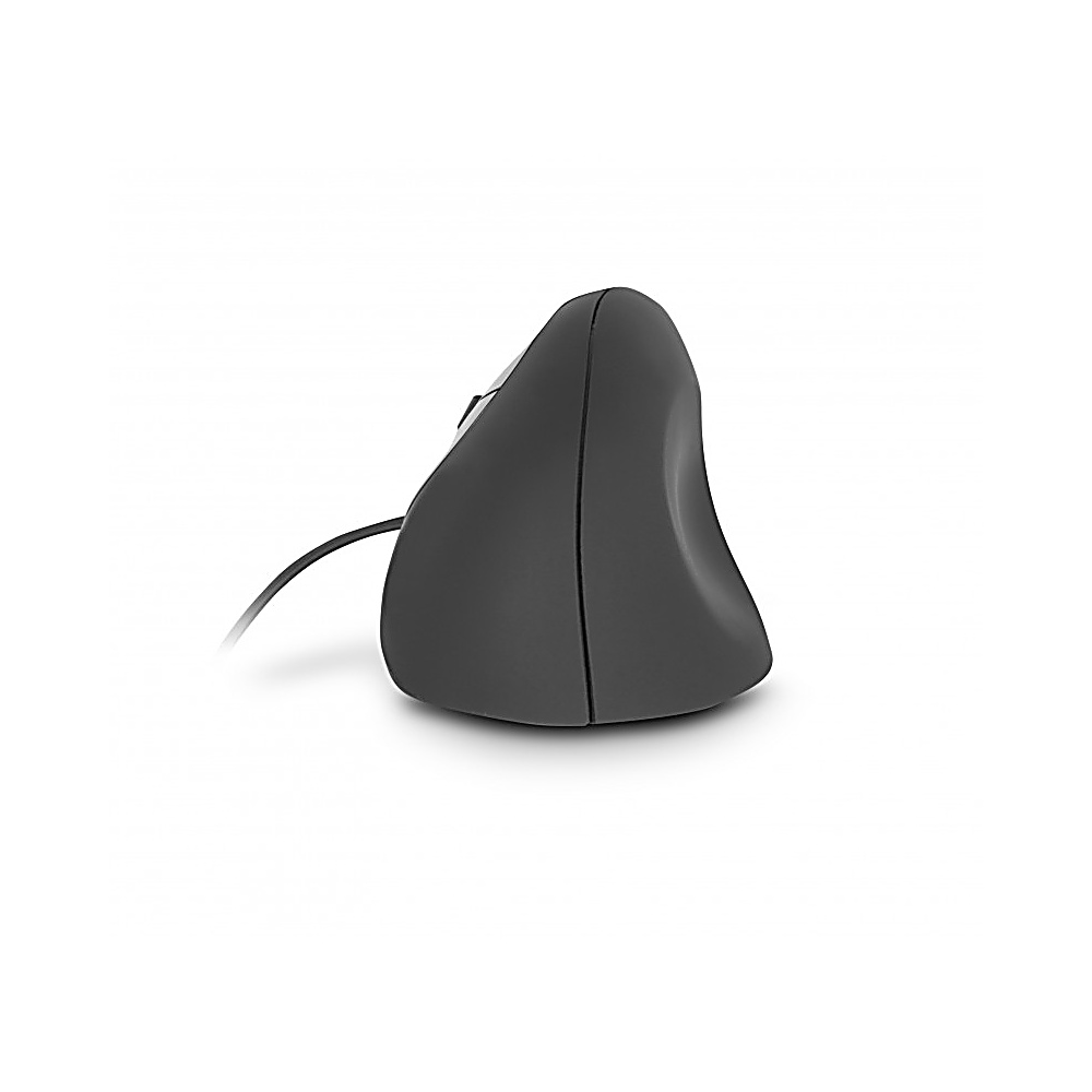 Un mouse ergonomico verticale, per lo più grigio, con un cavo nero, su sfondo bianco. Il mouse è angolato.