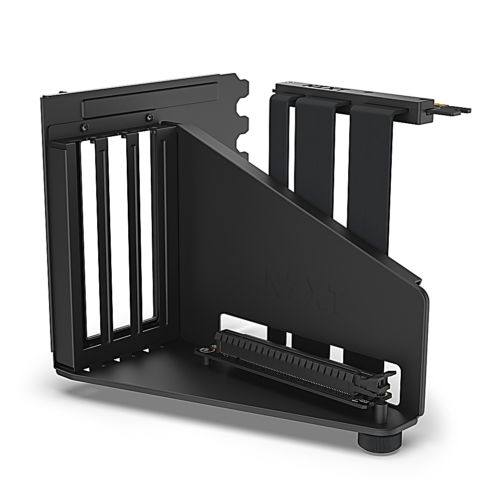Componente per computer NZXT nero con riser PCI-e e slot per scheda grafica. Il componente è su sfondo bianco.