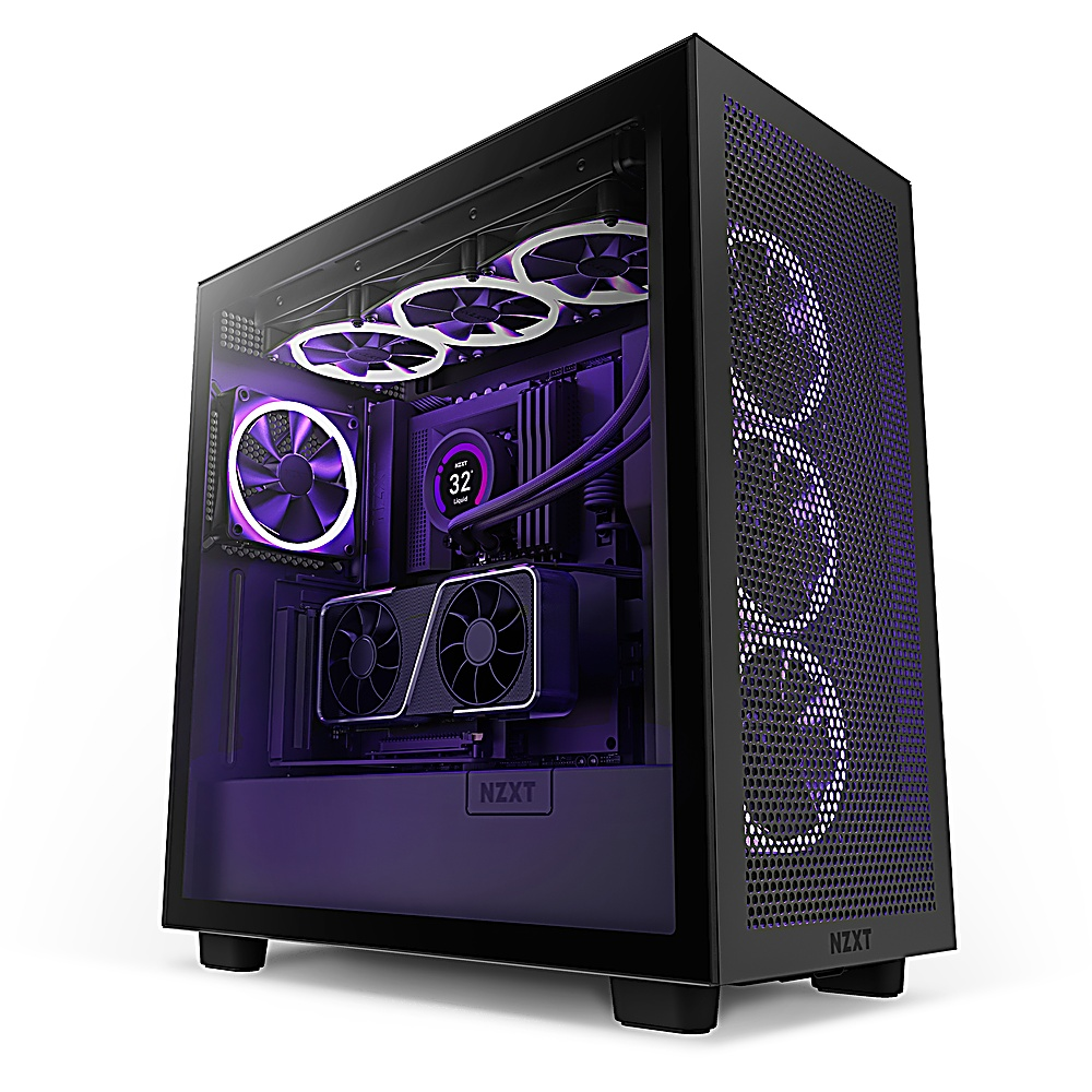 Un case per computer nero con pannello laterale in vetro, che mostra i componenti interni con illuminazione viola. Logo NZXT visibile.