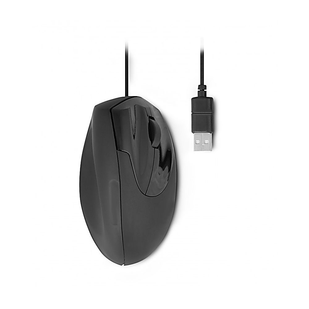 Un ratón de ordenador ergonómico negro con cable USB sobre un fondo blanco. El ratón está inclinado hacia la izquierda.