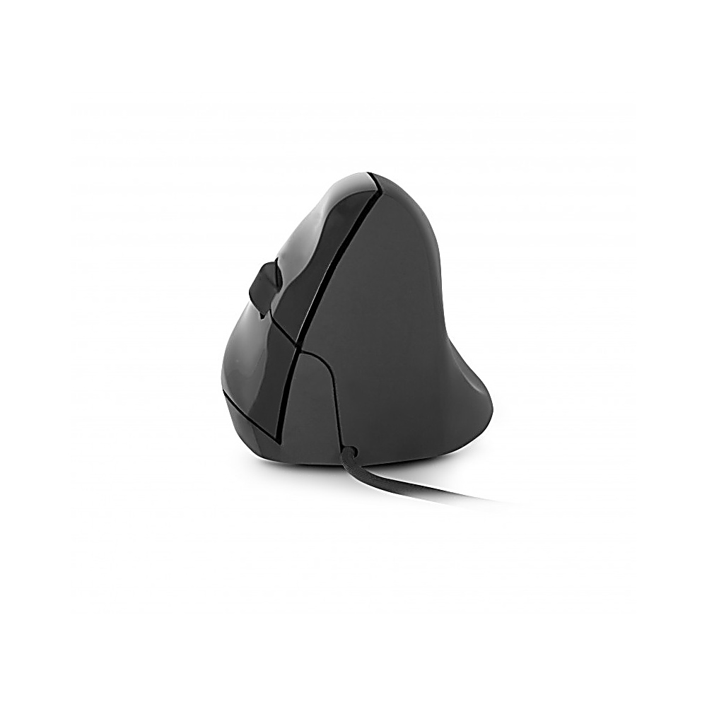 Un ratón vertical ergonómico negro sobre un fondo blanco. El ratón tiene una forma única para una posición cómoda de la mano.