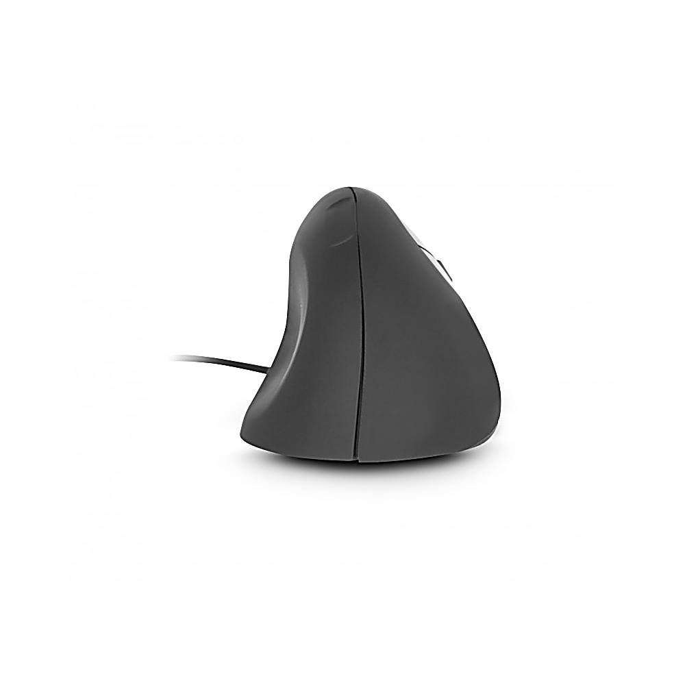 Un ratón ergonómico vertical, gris oscuro, con un cable negro, sobre un fondo blanco. El ratón está en ángulo para un uso cómodo.