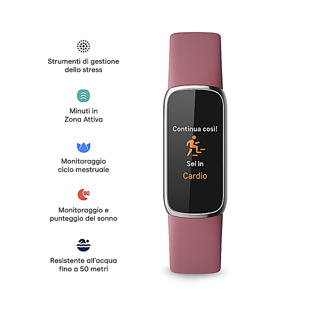 Ein mauvefarbener Fitness-Tracker zeigt 'Cardio' auf dem Bildschirm an. Symbole weisen auf Funktionen wie Stressmanagement und Schlafüberwachung hin.