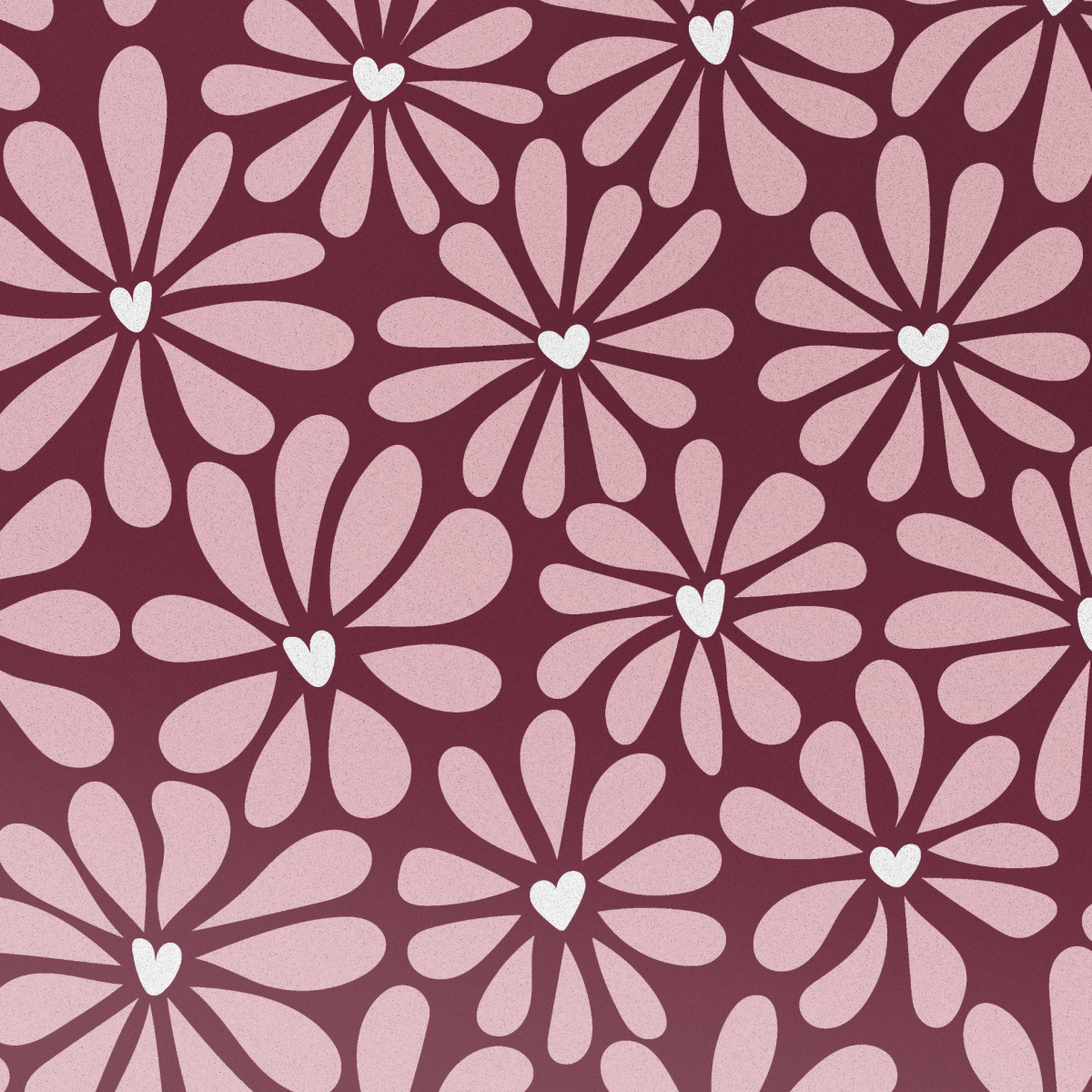 Een bordeauxrode achtergrond gevuld met lichtroze madeliefachtige bloemen. Elke bloem heeft een wit hart in het midden. Herhalend bloemenpatroon.