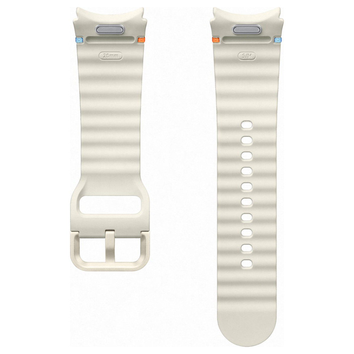 Dwa beżowe paski do zegarka. Jeden ma klamrę, drugi dziurki. Oba mają zakrzywione końce z małymi detalami i tekstem.