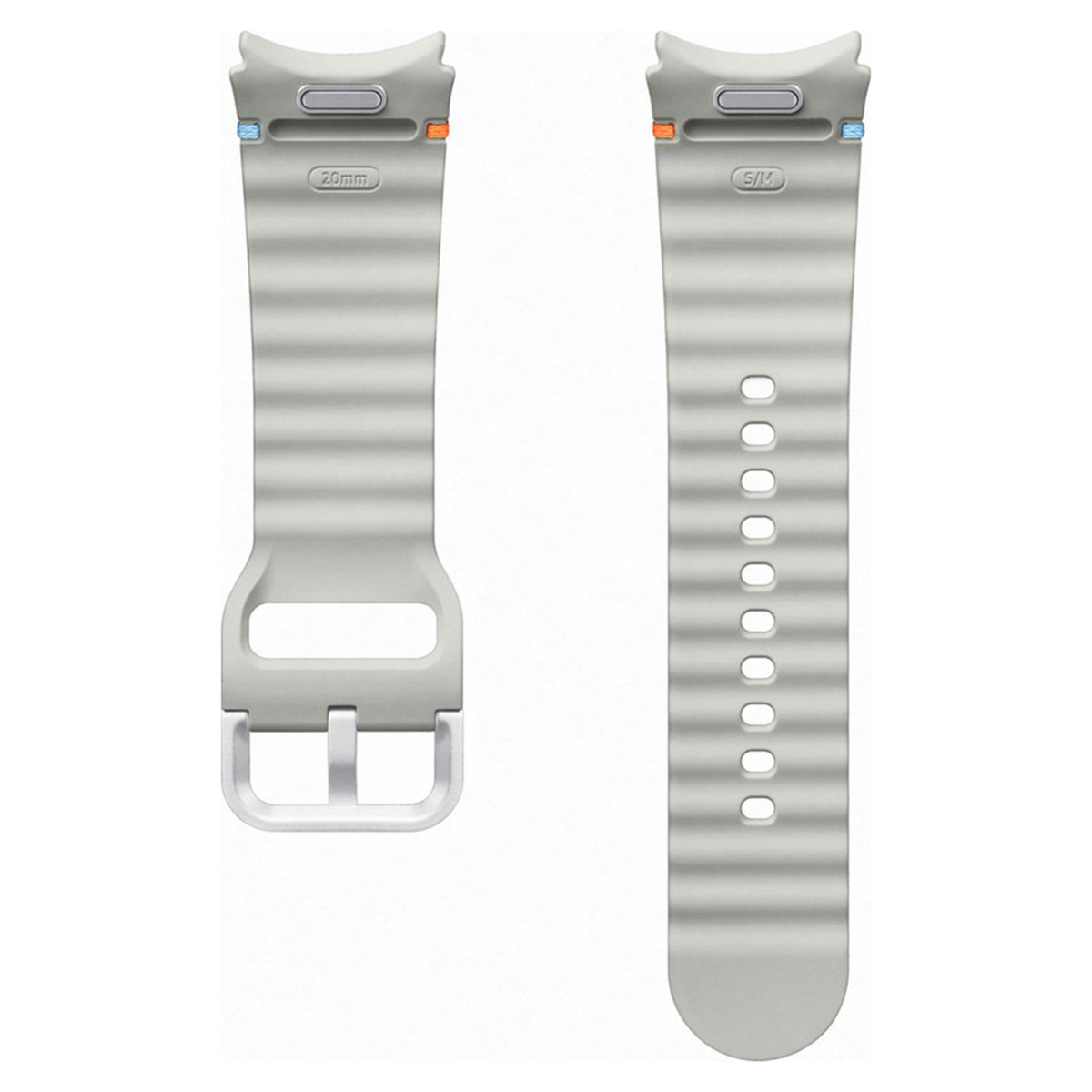 Dos correas de reloj gris claro una al lado de la otra. Una correa tiene una hebilla, la otra tiene agujeros. Ambas tienen una marca de 20 mm o S/M.