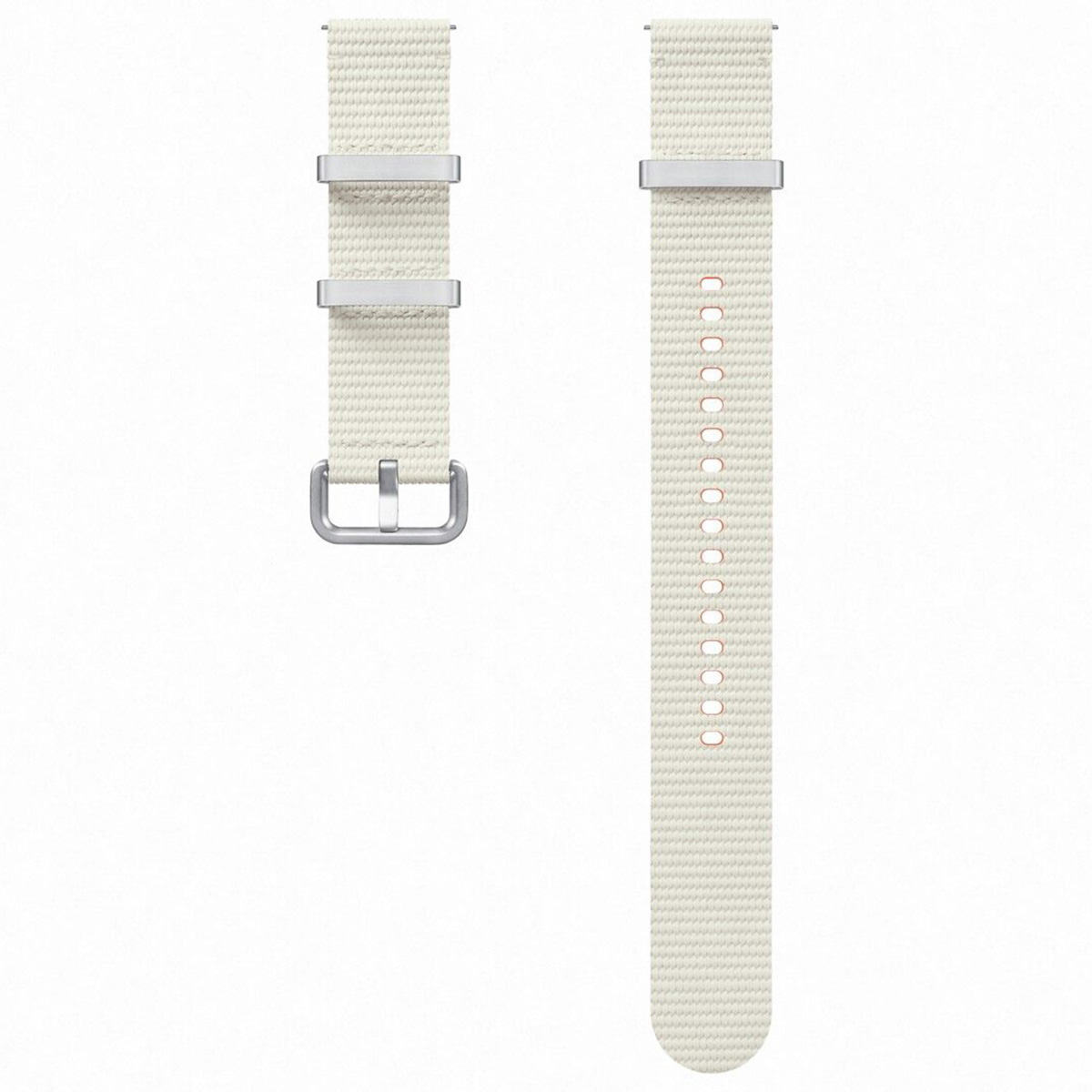 Dos correas de reloj blanquecinas con herrajes plateados se muestran sobre un fondo blanco. Una tiene una hebilla, la otra tiene agujeros.