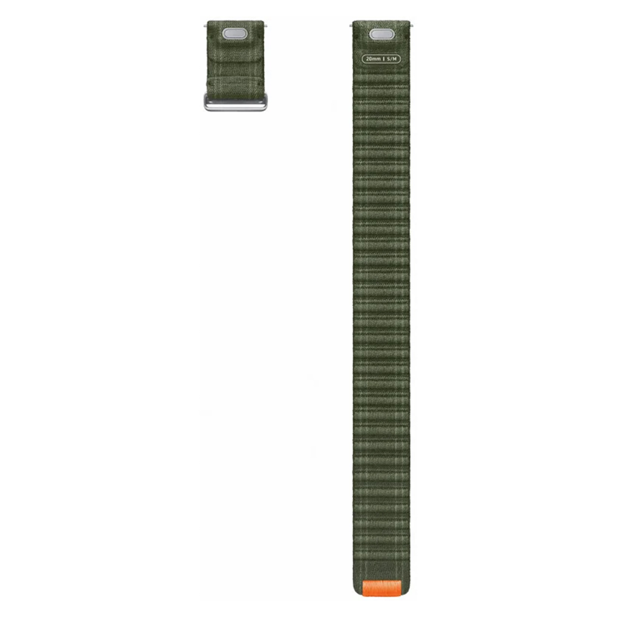 Una correa de reloj verde, compuesta por dos partes. Una corta, otra larga. Cada una tiene una pieza de metal. La correa larga tiene un pequeño acento naranja.