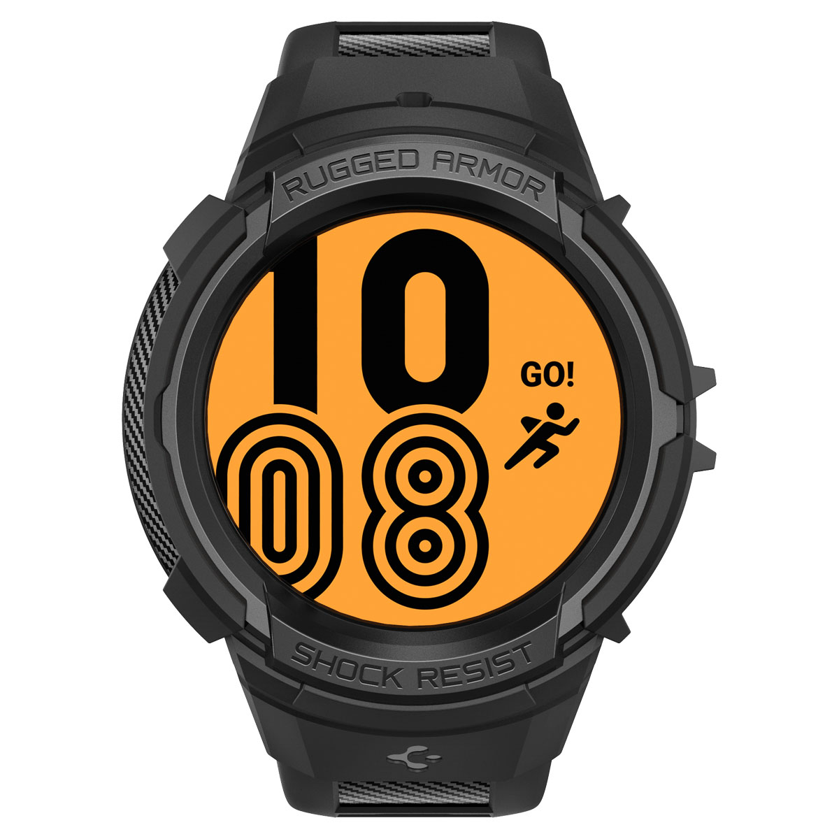 Zwarte smartwatch met een oranje scherm met '10 08 GO!' en een pictogram van een rennende persoon. 'RUGGED ARMOR' en 'SHOCK RESIST' zijn zichtbaar.
