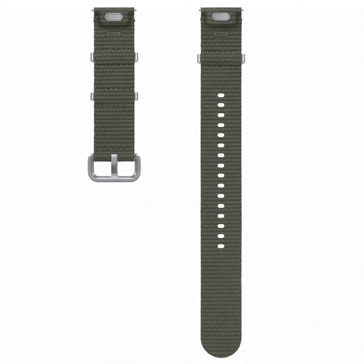 Dos correas de reloj verde oliva. La correa izquierda tiene una hebilla y la derecha tiene agujeros. Ambas tienen herrajes metálicos.