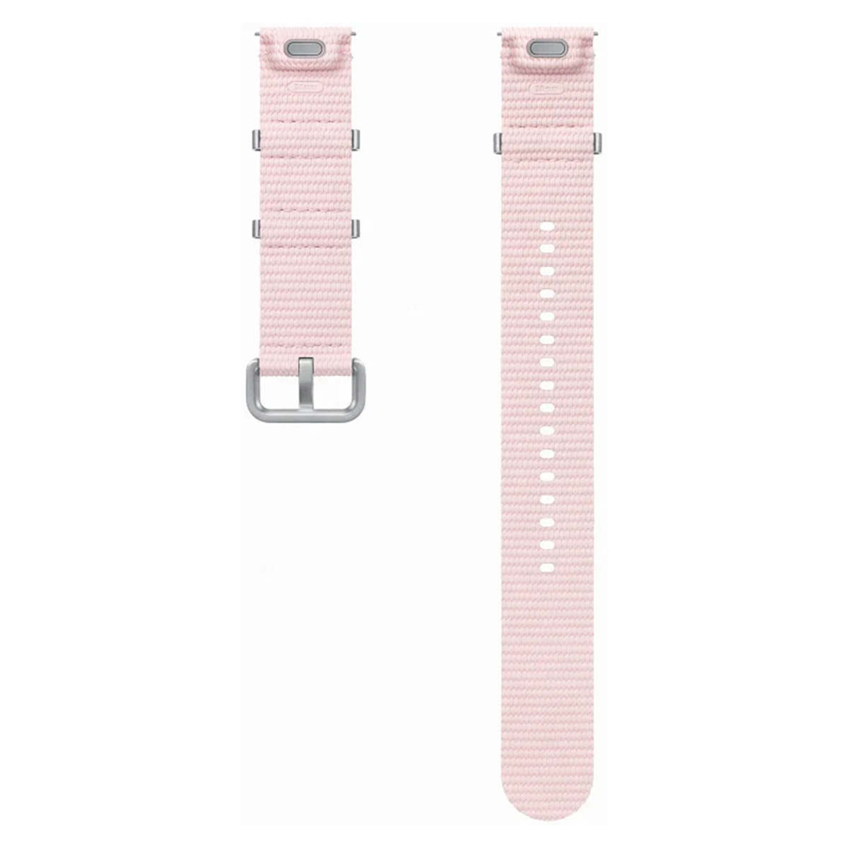 Dos correas de reloj rosa claro. Una tiene hebilla, la otra agujeros. Ambas tienen herrajes de metal plateado y están sobre un fondo blanco.