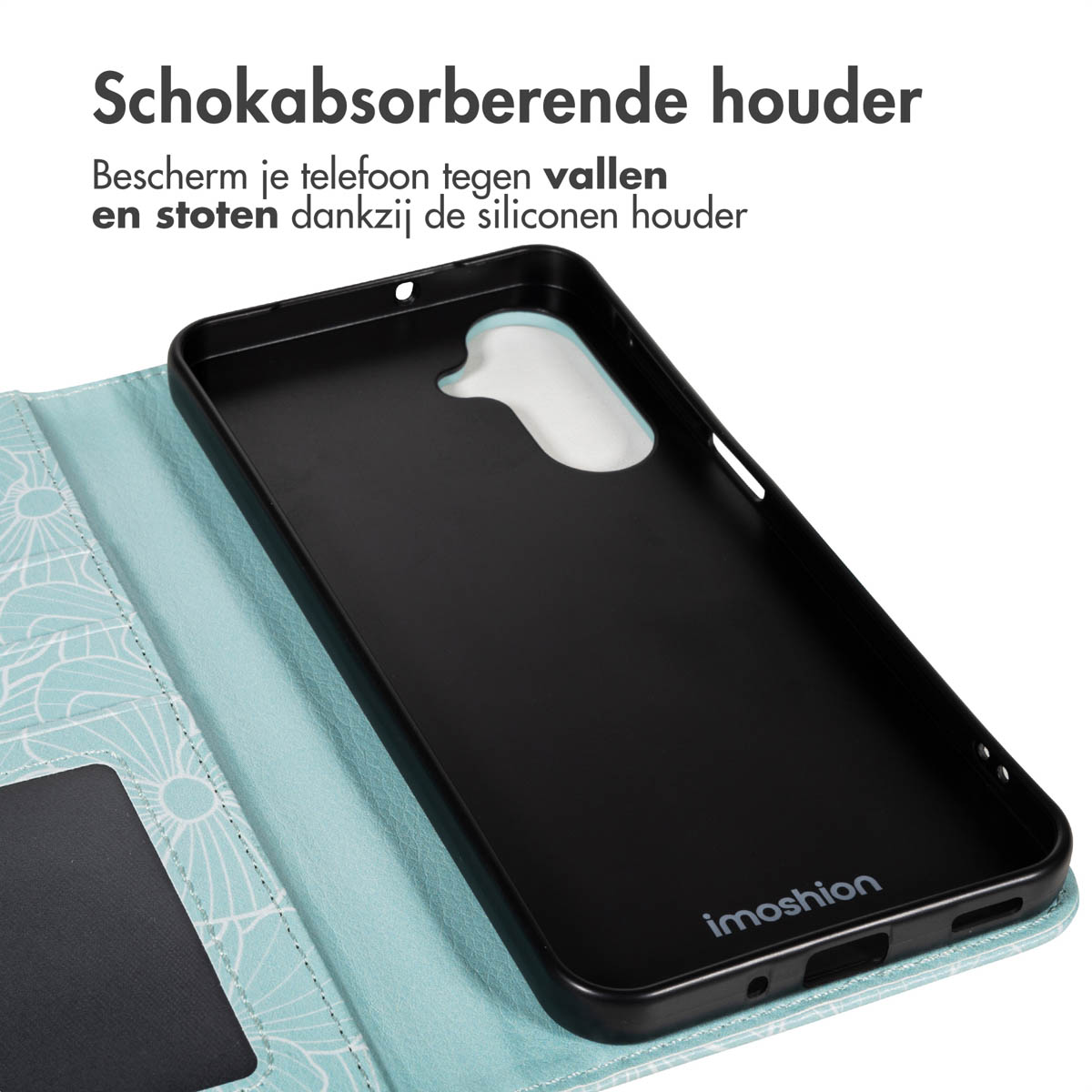 Zwarte telefoonhoes met blauwe bloemen binnenkant. Tekst: Schokabsorberende houder. Beschermt de telefoon tegen vallen en stoten. Imoshion logo.