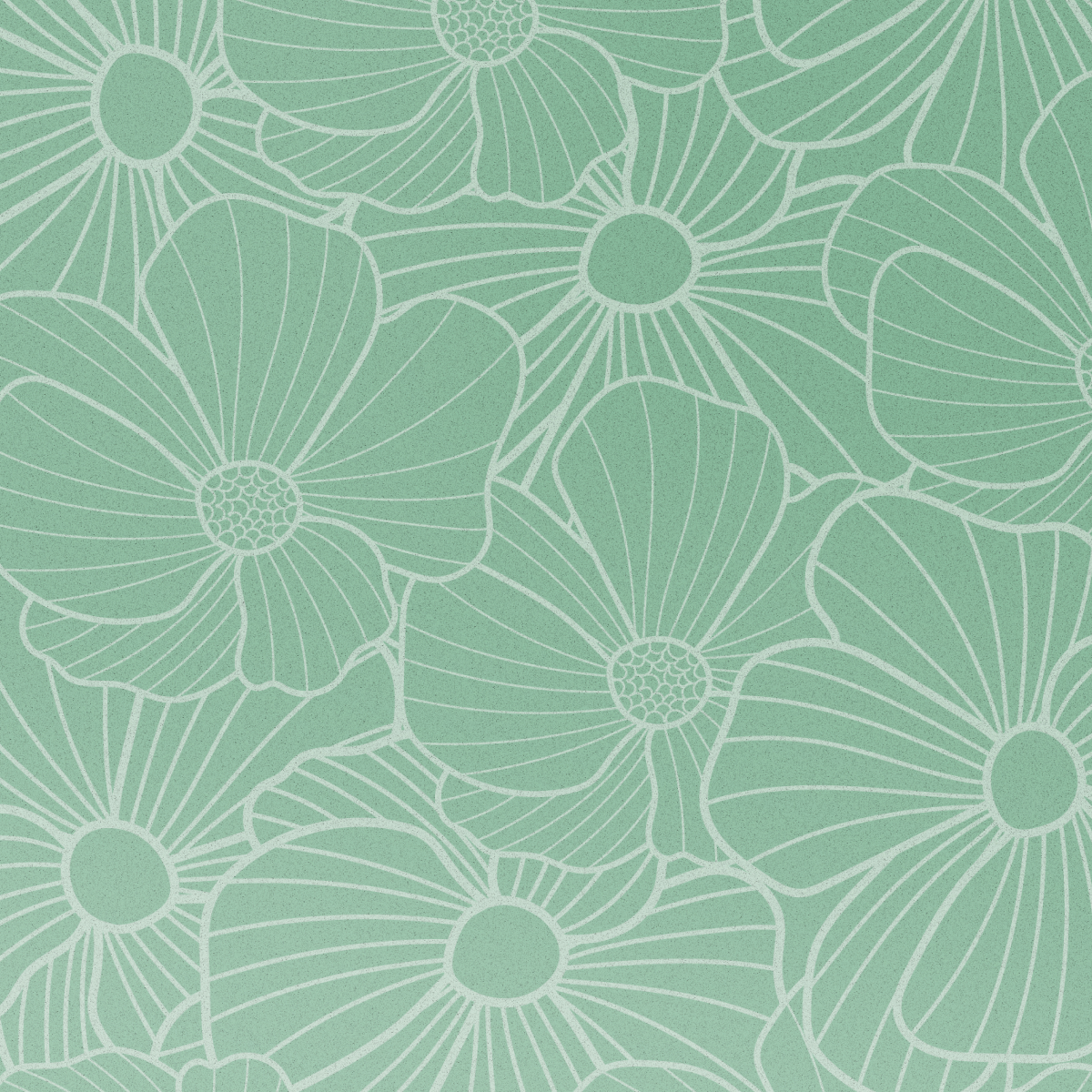 Een patroon van gestileerde bloemen met witte contouren op een lichtgroene achtergrond. Bloemen overlappen elkaar en vullen het kader.