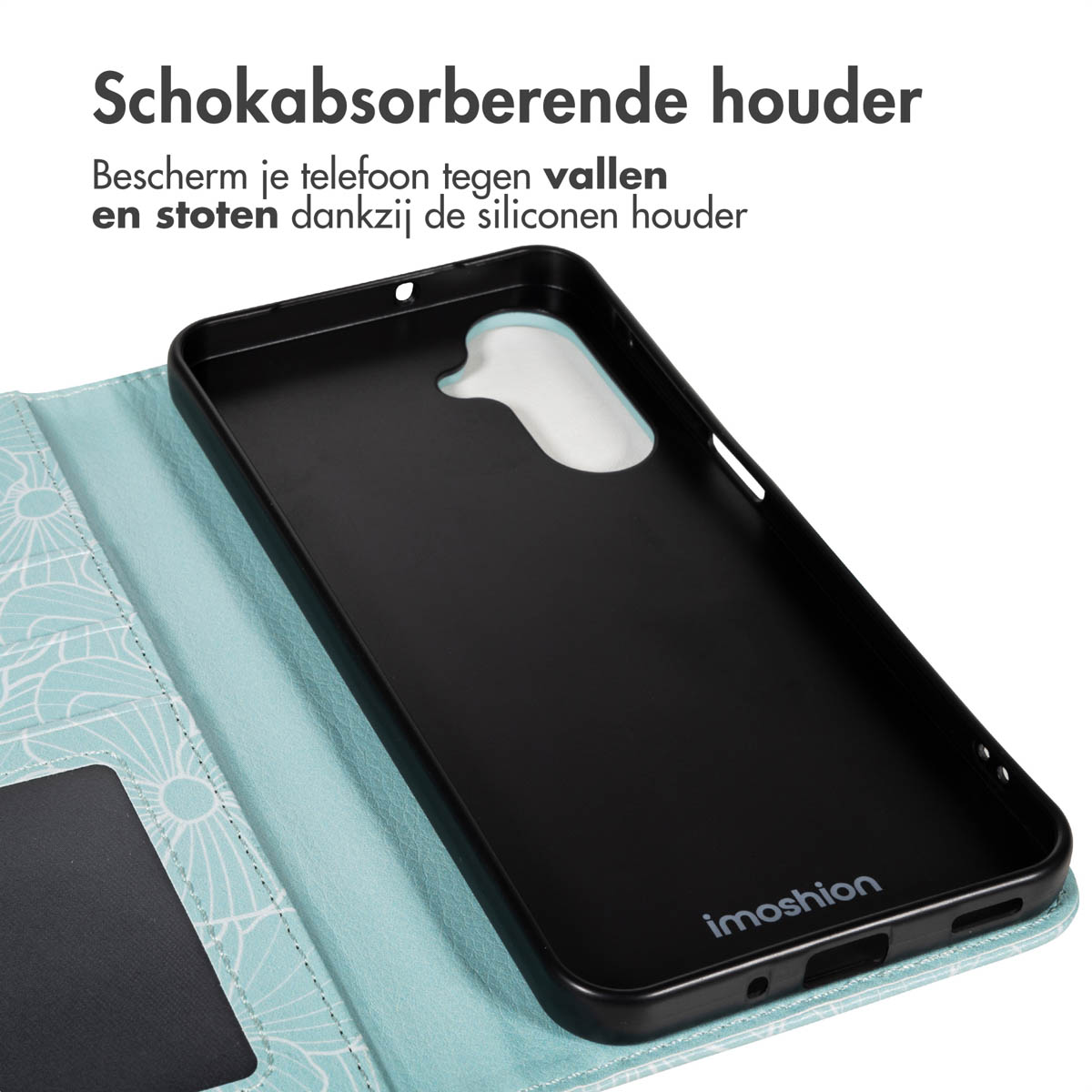 Coque de téléphone noire avec un motif floral bleu. L'étui est ouvert, révélant l'intérieur avec la marque 'imoshion'.