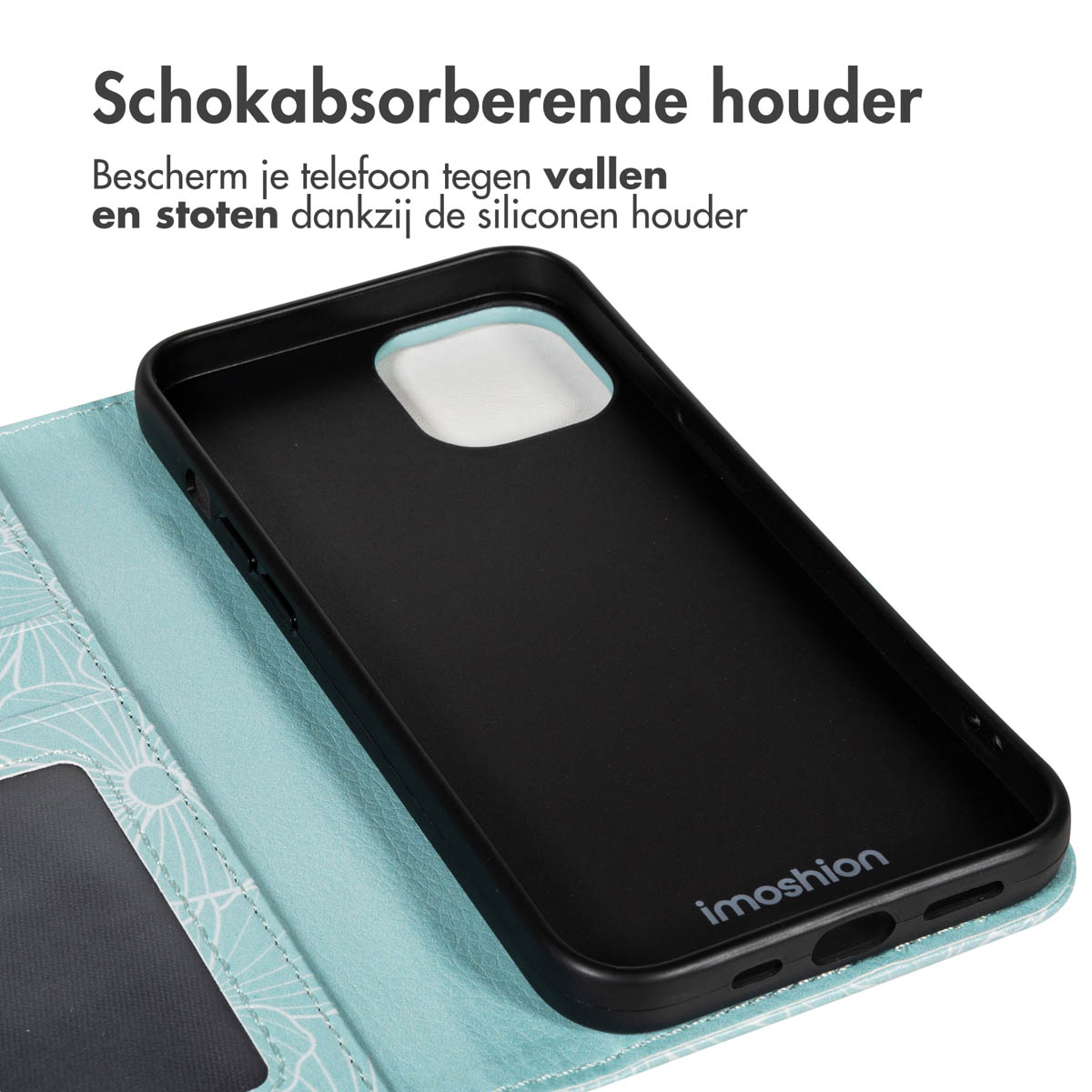 Zwarte telefoonhoes met een turquoise patroon. De hoes is open, waardoor de binnenkant zichtbaar is. Tekst: 'Schokabsorberende houder'.