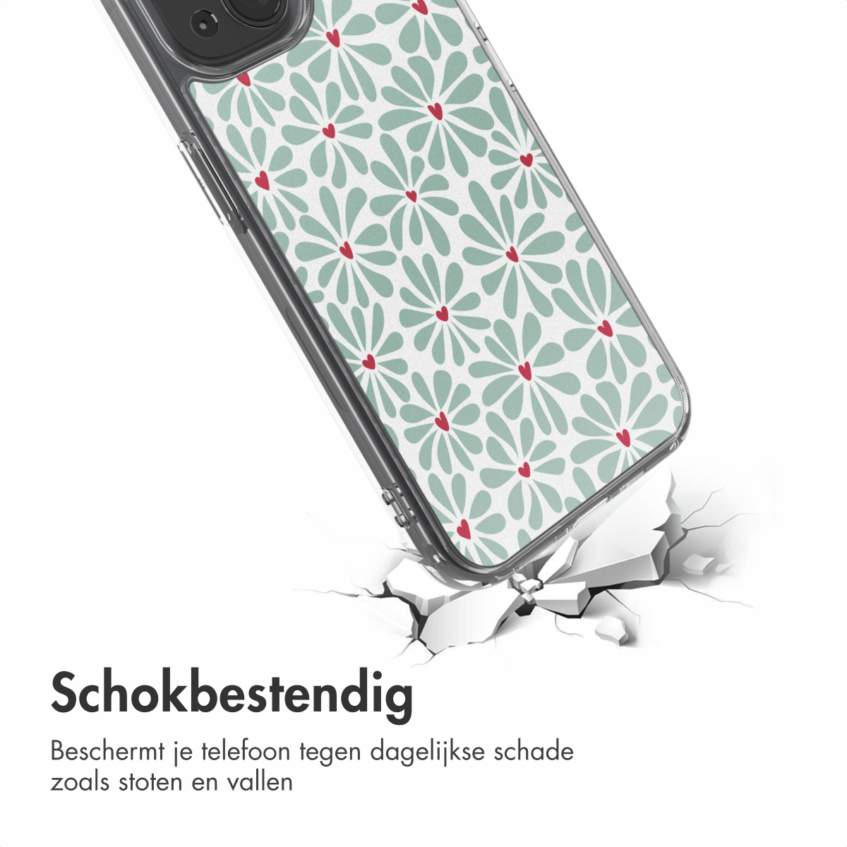 Telefoonhoesje met groen bloemmotief en rode harten breekt oppervlak. Tekst 'Schokbestendig' en beschermingsinfo eronder.