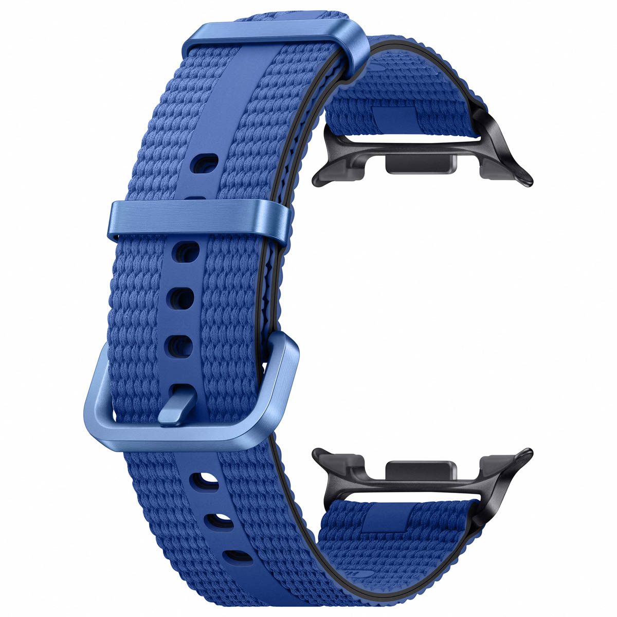 Una correa de reloj azul con un diseño de tela texturizada, cierres metálicos y conectores negros sobre fondo blanco.