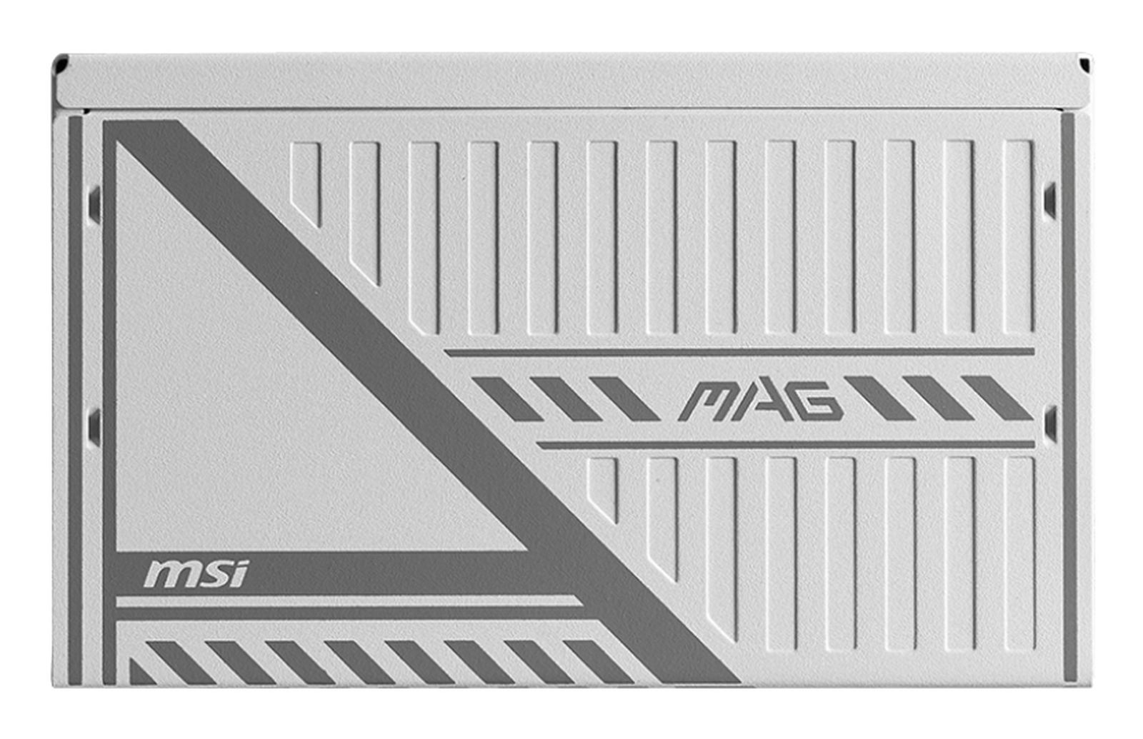 Ein weißes Computer-Netzteil mit grauen diagonalen Linien und den Logos MSI und MAG.