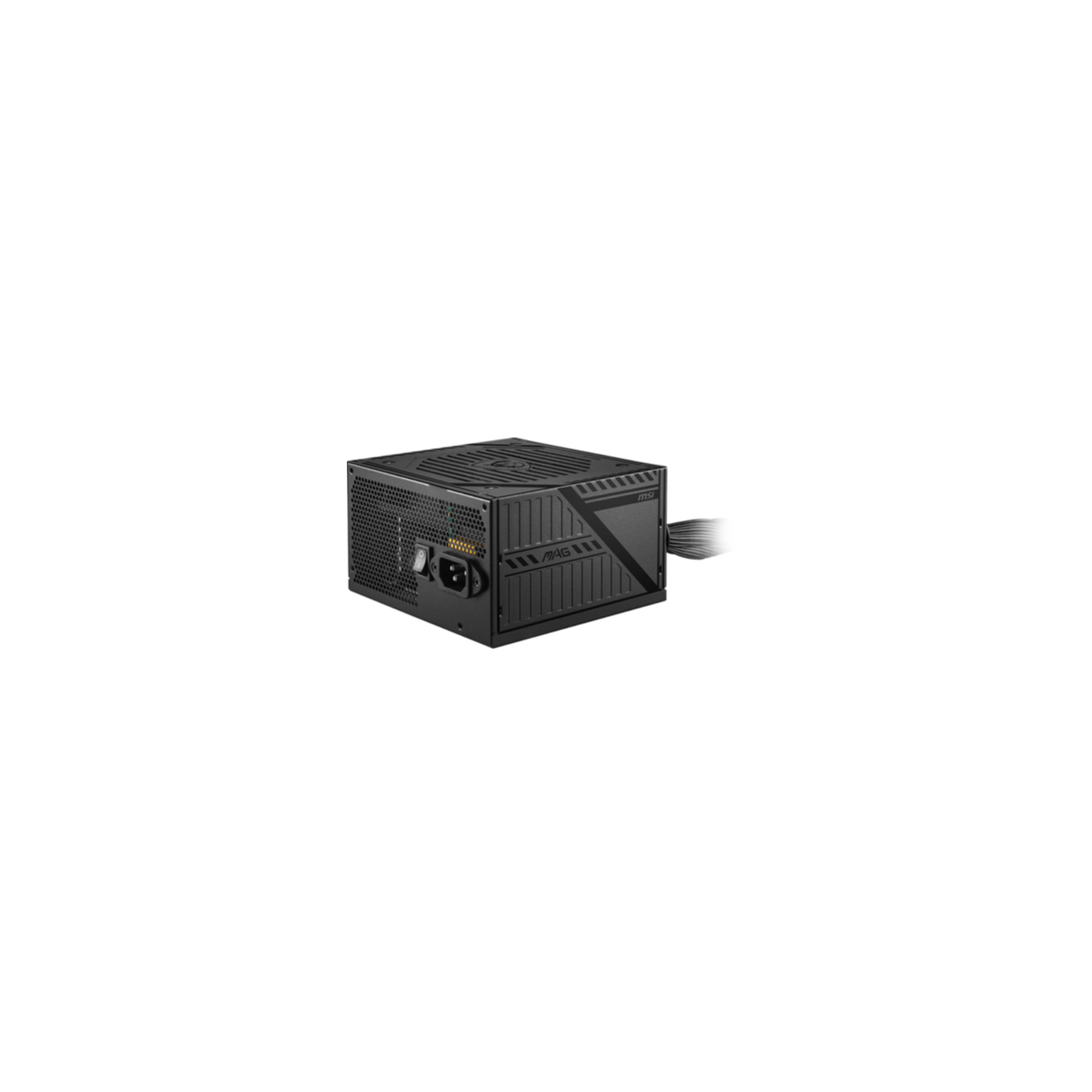 A black computer power supply unit. It has an AC inlet, switch, and a fan. Cables extend from the right side.