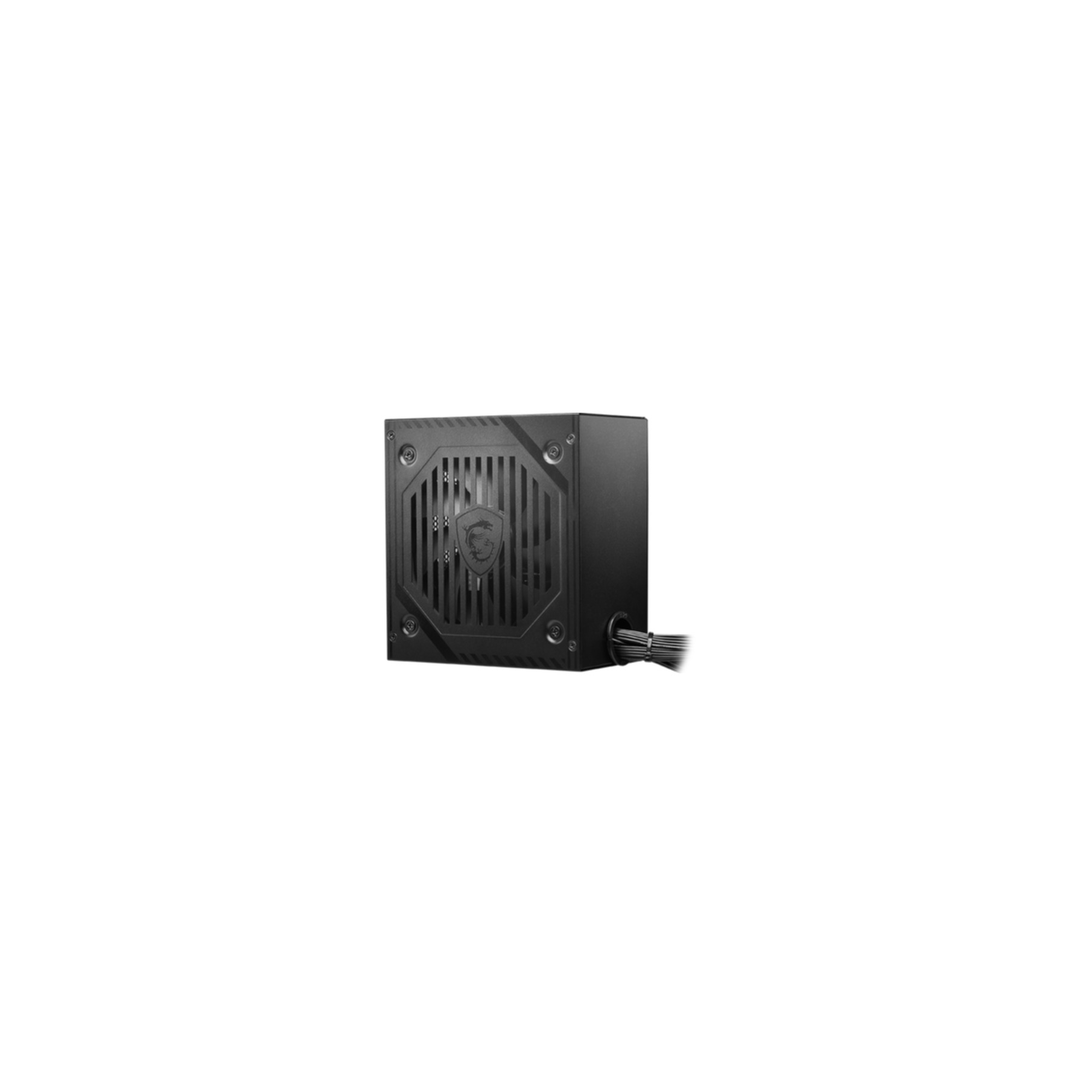 Schwarzes Computer-Netzteil. Es hat ein Lüftergitter, das Logo der Marke und ein Bündel schwarzer Drähte.
