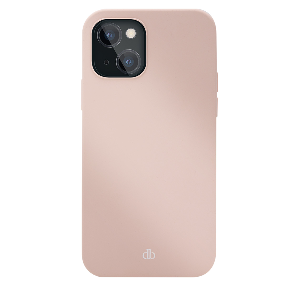 Una custodia per telefono rosa chiaro con fotocamera a doppia lente. La custodia ha bordi arrotondati e un logo 'db'.