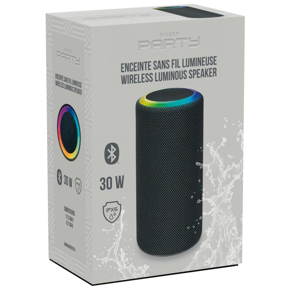 Bezprzewodowy głośnik Bigben Party w pudełku. Głośnik jest czarny i cylindryczny, z kolorowymi światłami na górze.