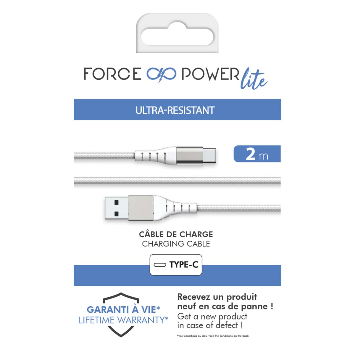Cavo di ricarica bianco su sfondo bianco. Il testo include 'FORCE POWER lite', 'ULTRA-RESISTANT', 'CHARGING CABLE' e 'LIFETIME WARRANTY'.