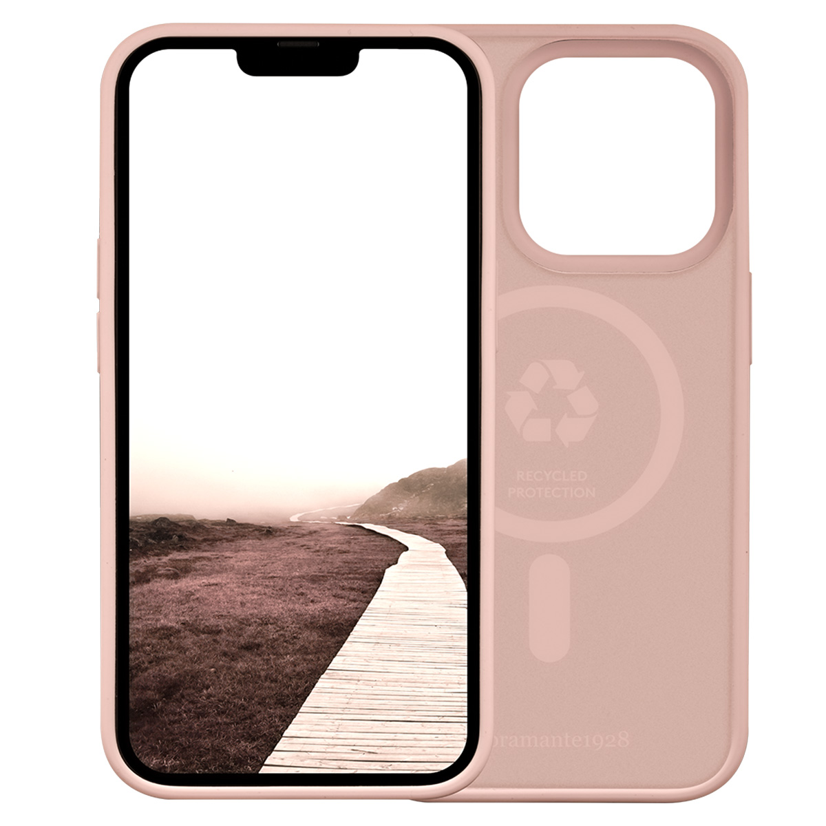 Una custodia per telefono rosa con un telefono che mostra un sentiero di legno in un paesaggio. La custodia include un simbolo di riciclaggio e il testo 'recycled protection'.