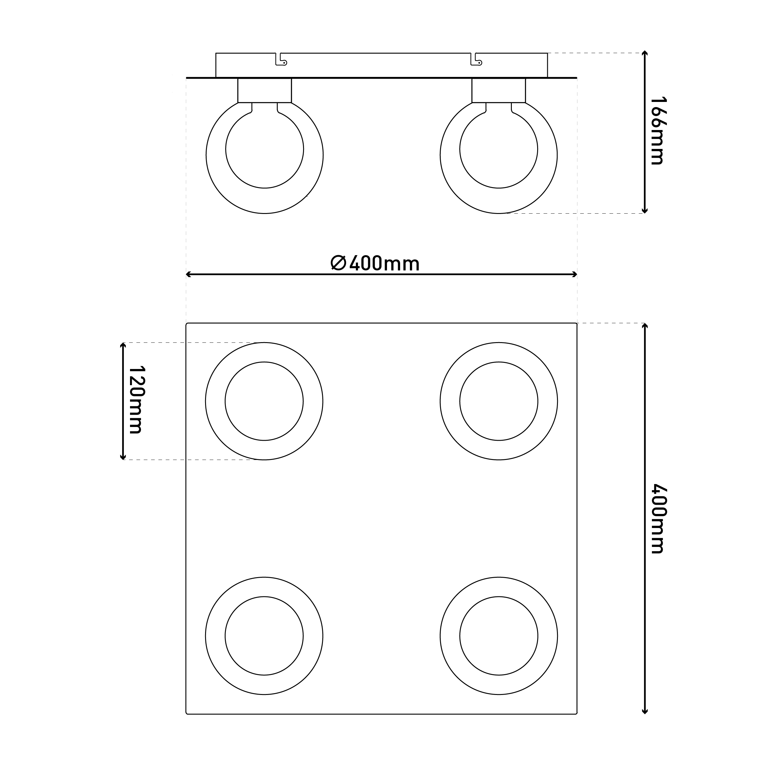 Eine technische Zeichnung zeigt eine Deckenleuchte mit zwei sichtbaren Lichtern auf rechteckiger Basis, mit Maßangaben.