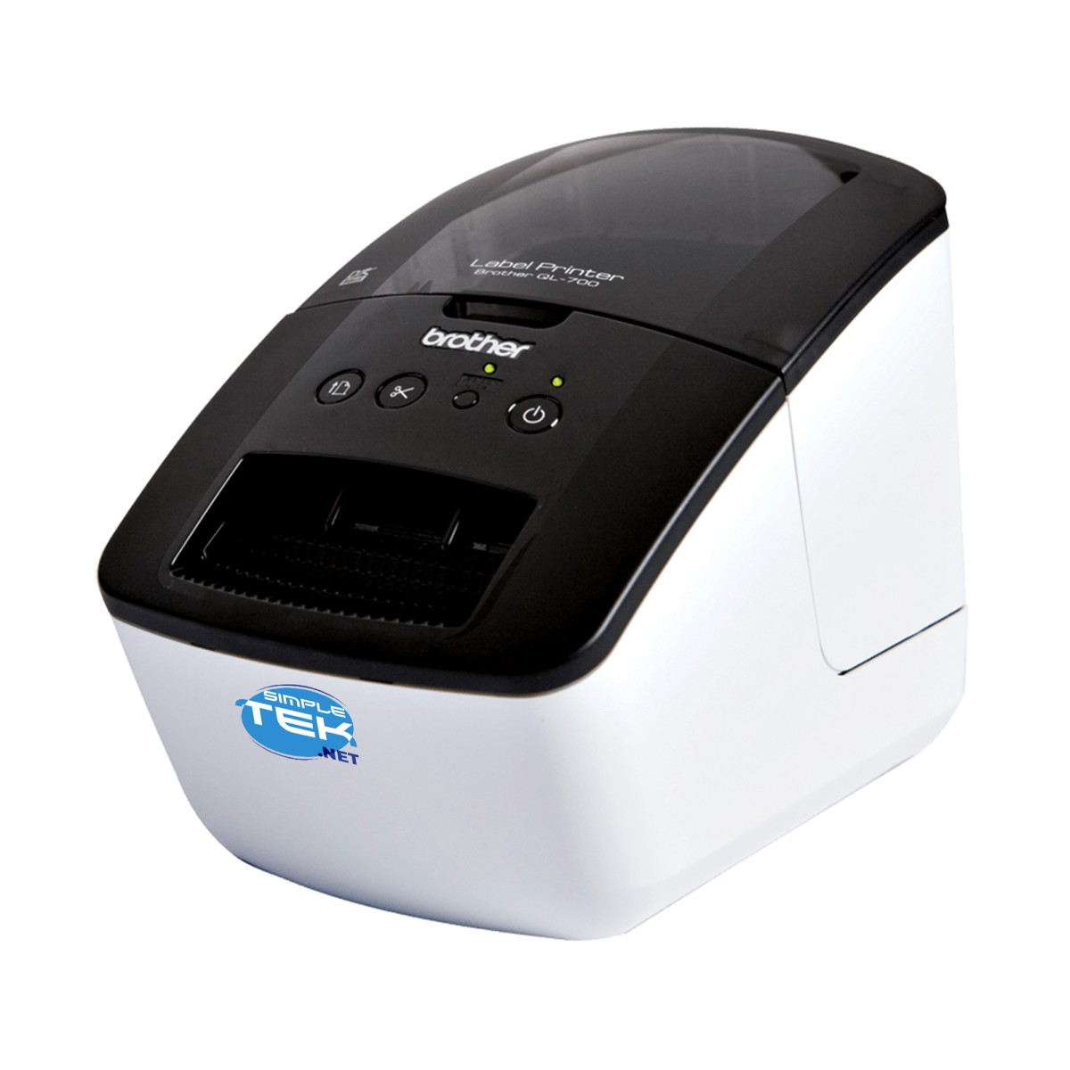 Una impresora de etiquetas Brother QL-700. Tiene una parte superior negra y un cuerpo blanco. El logotipo de Simple Tek está en el frente.