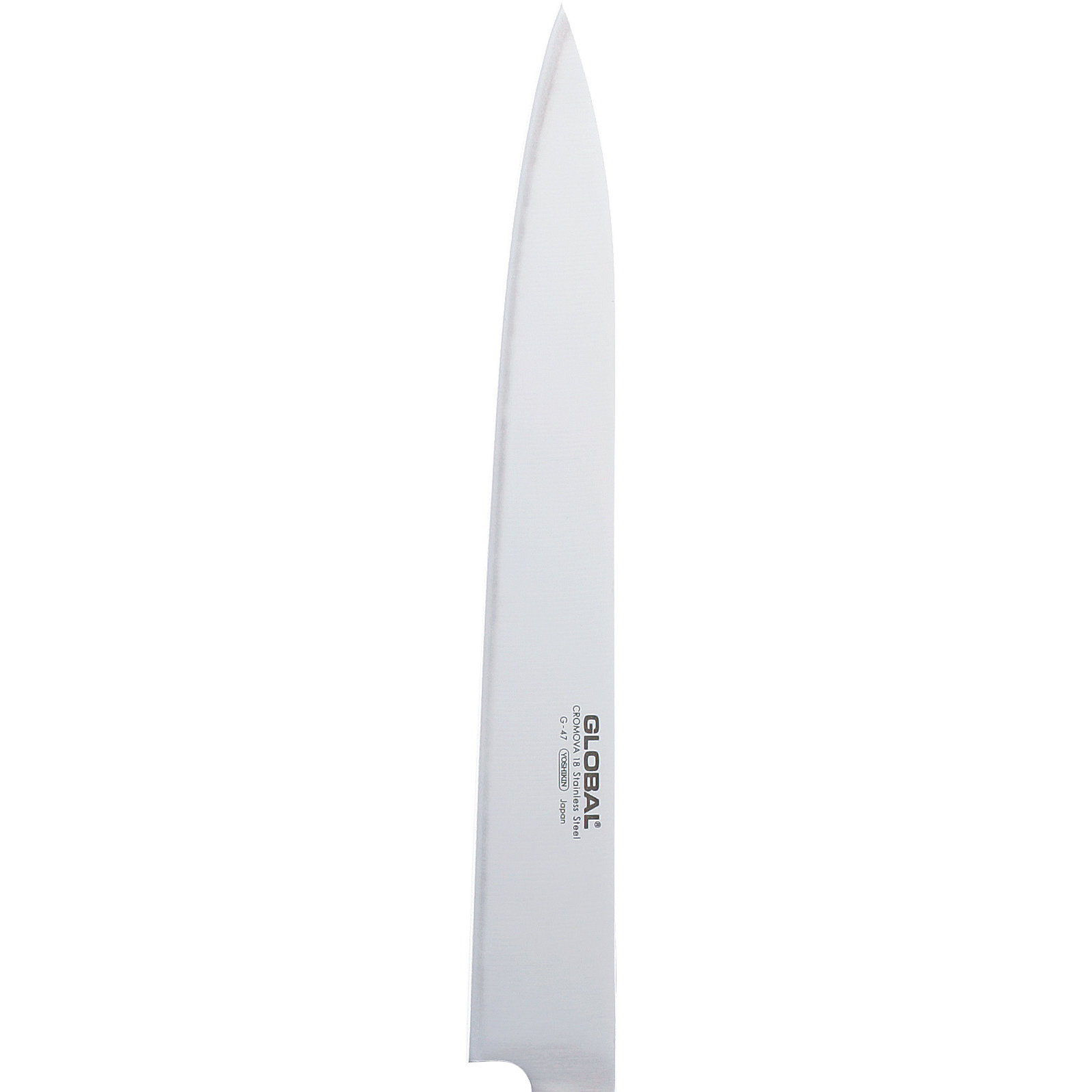 Ein Edelstahl-GLOBAL-Küchenmesser, Modell G-47, mit spitzer Spitze. Der Hintergrund ist schlicht weiß.