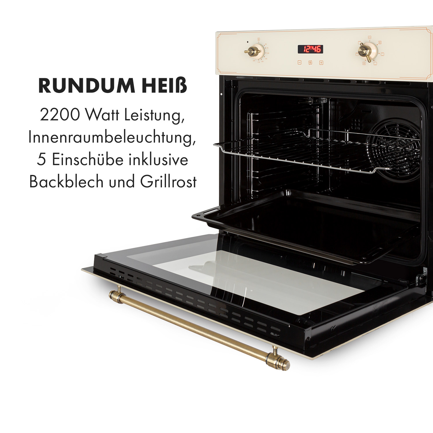 Ein offener Ofen zeigt Innenregale und ein Tablett. Die Steuerung zeigt eine Digitaluhr. Text auf Deutsch.