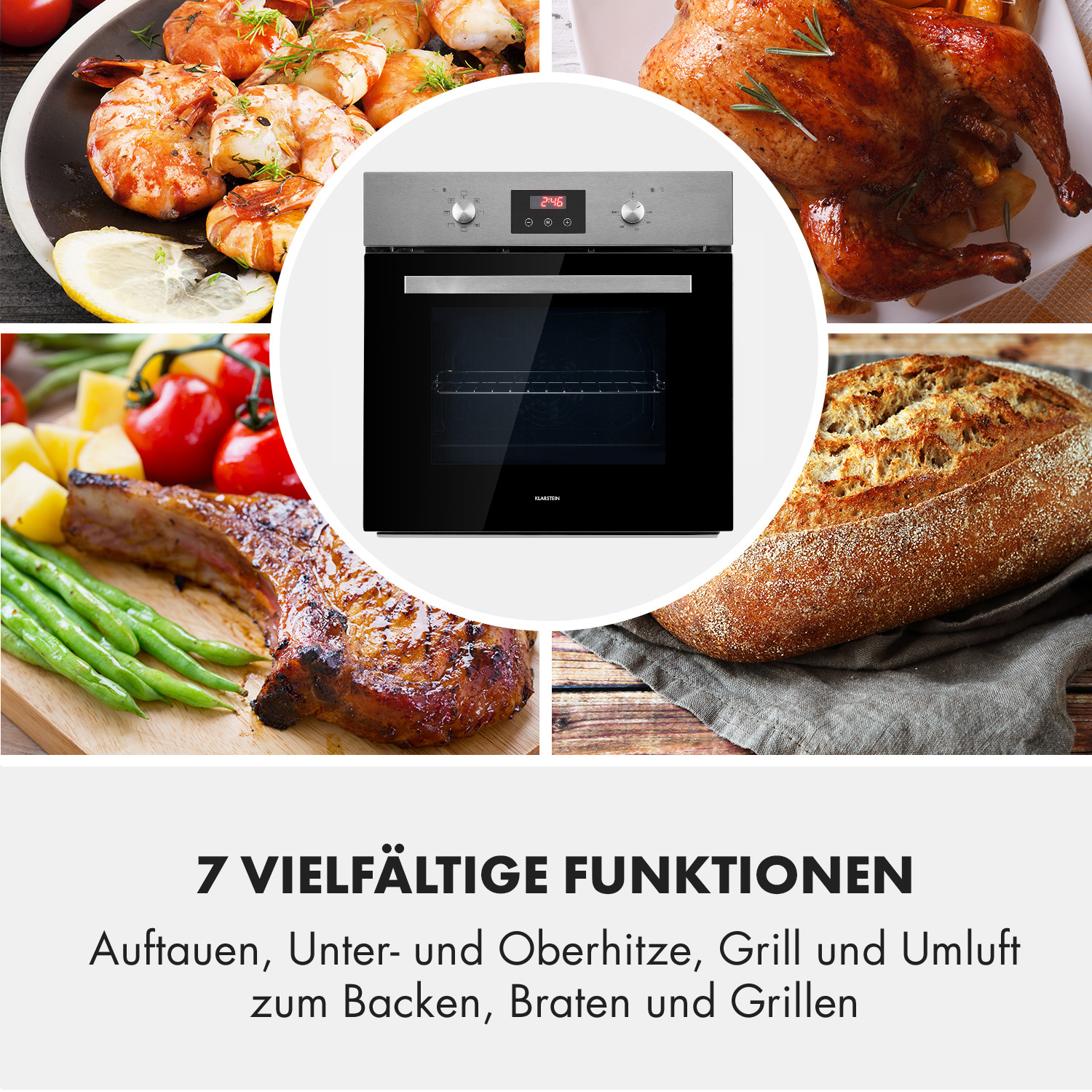 Ein Ofen, umgeben von gekochten Garnelen, einem ganzen Brathähnchen, einem Brotlaib und einem gegrillten Kotelett. Text: '7 Funktionen'.