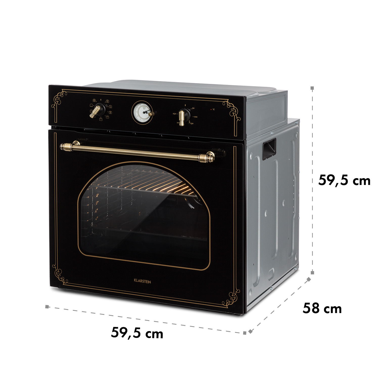 Forno nero con dettagli dorati. La porta in vetro rivela le griglie interne. Manopole e indicatore di temperatura visibili.