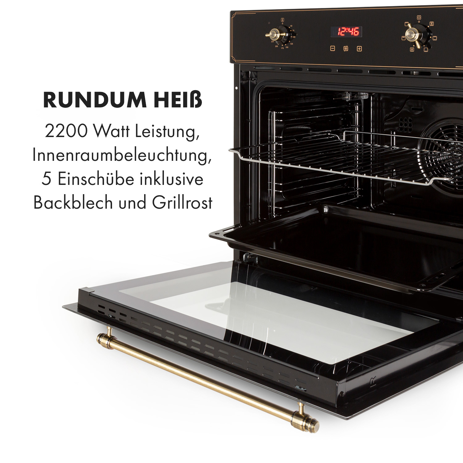 Ein schwarzer Backofen mit geöffneter Tür. Es hat goldene Griffe und Details. Die Uhrzeit 12:46 wird angezeigt. Text: Rundum Heib, 2200 Watt, usw.