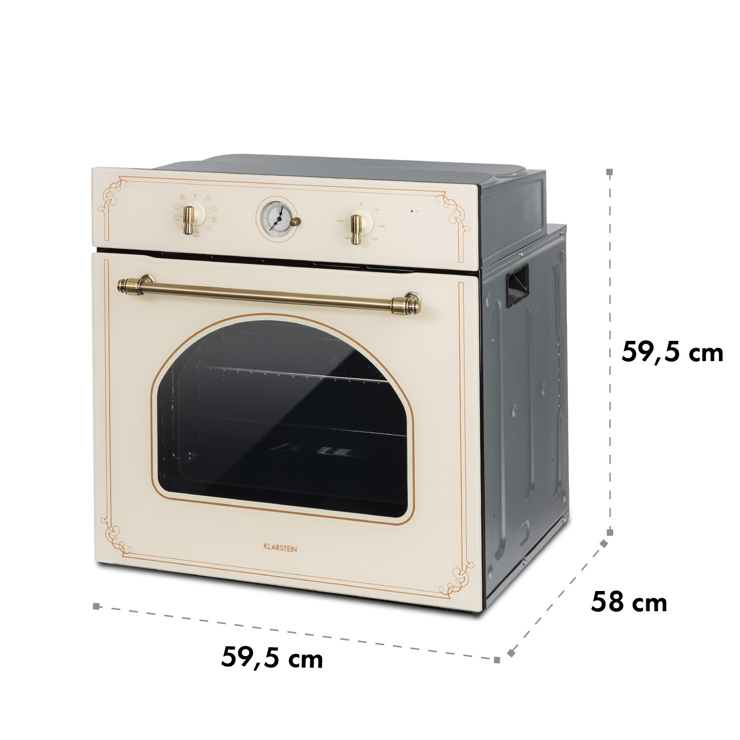 Horno color crema con asa y detalles dorados. Tiene puerta de cristal e indicadores de medición sobre fondo blanco.
